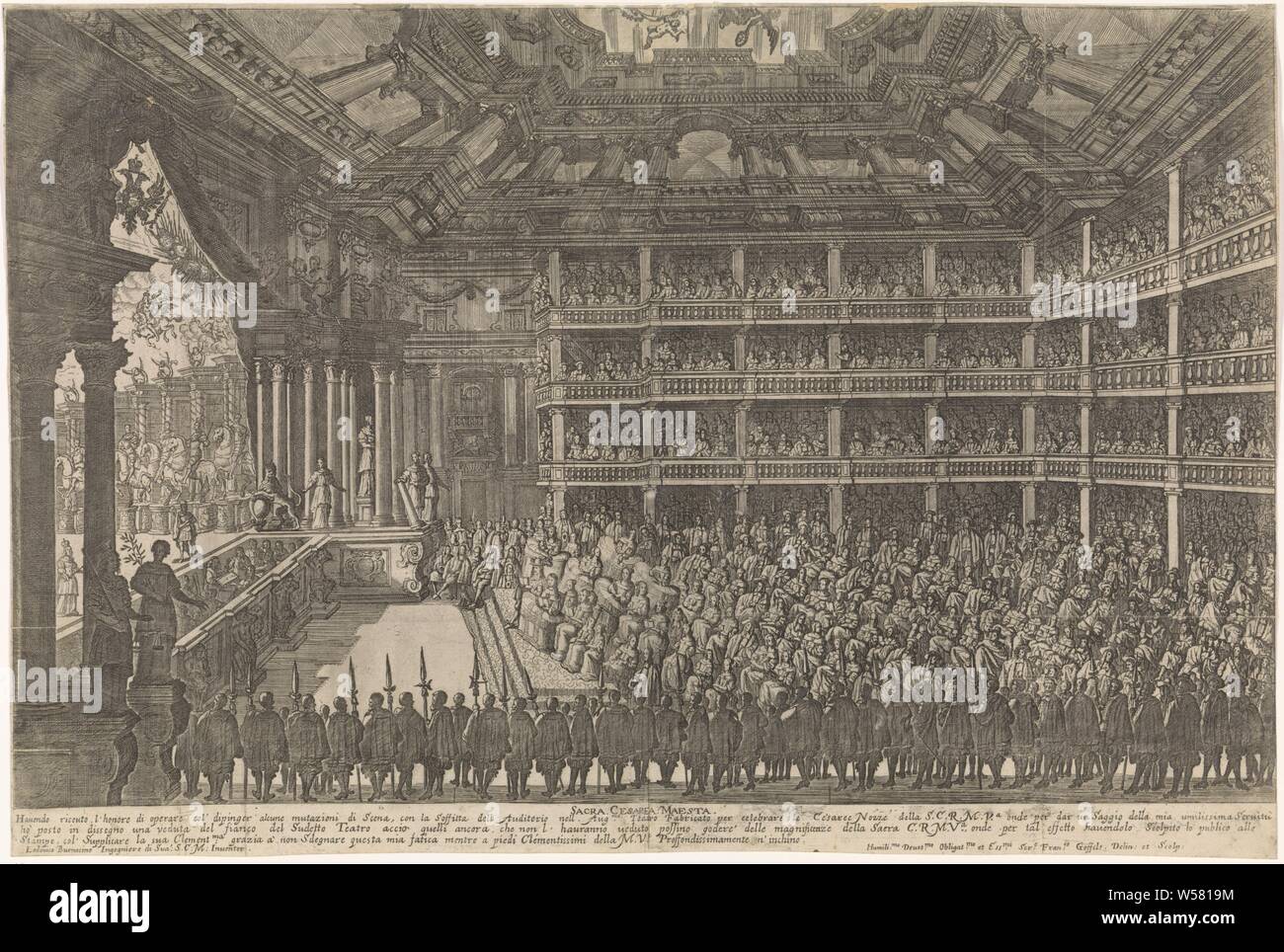 Opernaufführung für Kaiser Leopold I., 1668 Sacra cesarea Maesta (Titel auf Objekt), im Konzertsaal Wiens, der Oper "Il Pomo d'Oro' vor dem Gericht der Leopold I. in Wien zu Ehren des Geburtstages der Kaiserin Maria Theresia von Spanien, Oper, Oper, Leopold I (Kaiser von Deutschland), Margaretha Theresia (Kaiserin von Deutschland), Frans Geffels (auf Objekt erwähnt), Mantua, 1668 - c. durchgeführt wird 1670, Papier, Ätzen, H 337 mm x B 503 mm Stockfoto