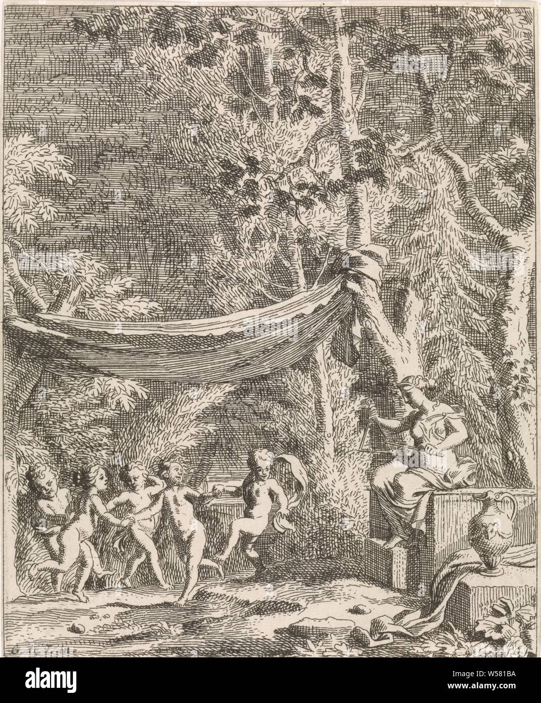 Fünf putten tanzen zur Musik von einem Dreieck mythologischen und allegorischen Aufführungen (Titel der Serie), auf der rechten Seite eine Frau auf einem Dreieck spielt. Fünf putten tanzen zur Musik. Der Druck ist Teil einer Reihe mit mythologischen und allegorischen Performances., andere Schlaginstrumente (mit Namen), Amor: 'amores', 'Amoretti", "putten", Gruppe tanzen, Johannes Glauber (auf Objekt erwähnt), unbekannt, 1656-1726, Papier, Ätzen, w 140 mm x H 170 mm Stockfoto