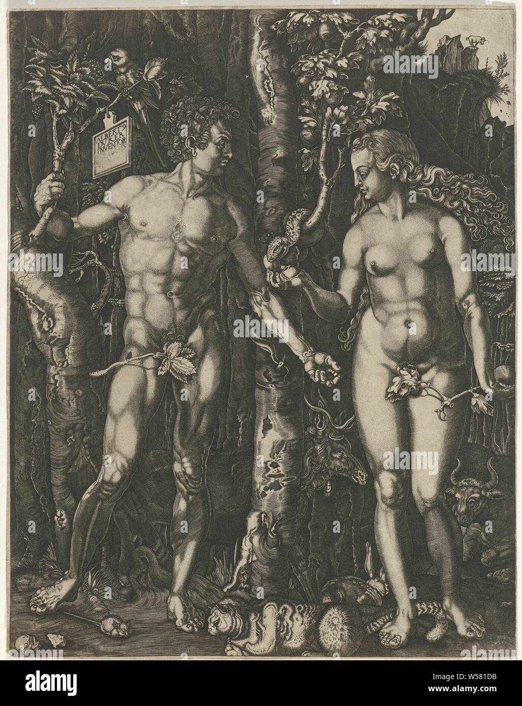 Herbst Adam Und Eva Im Garten Eden Eine Schlange Gibt Eva Eine Frucht Tiere Sind Um