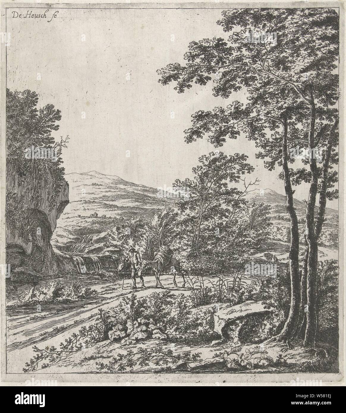 Landschaft mit einem maultier Treiber Lanschappen (Titel der Serie), Maultier, Willem de Heusch (auf Objekt erwähnt), Utrecht, C. 1635-1692, Papier, Ätzen, H 260 mm x B 237 mm Stockfoto