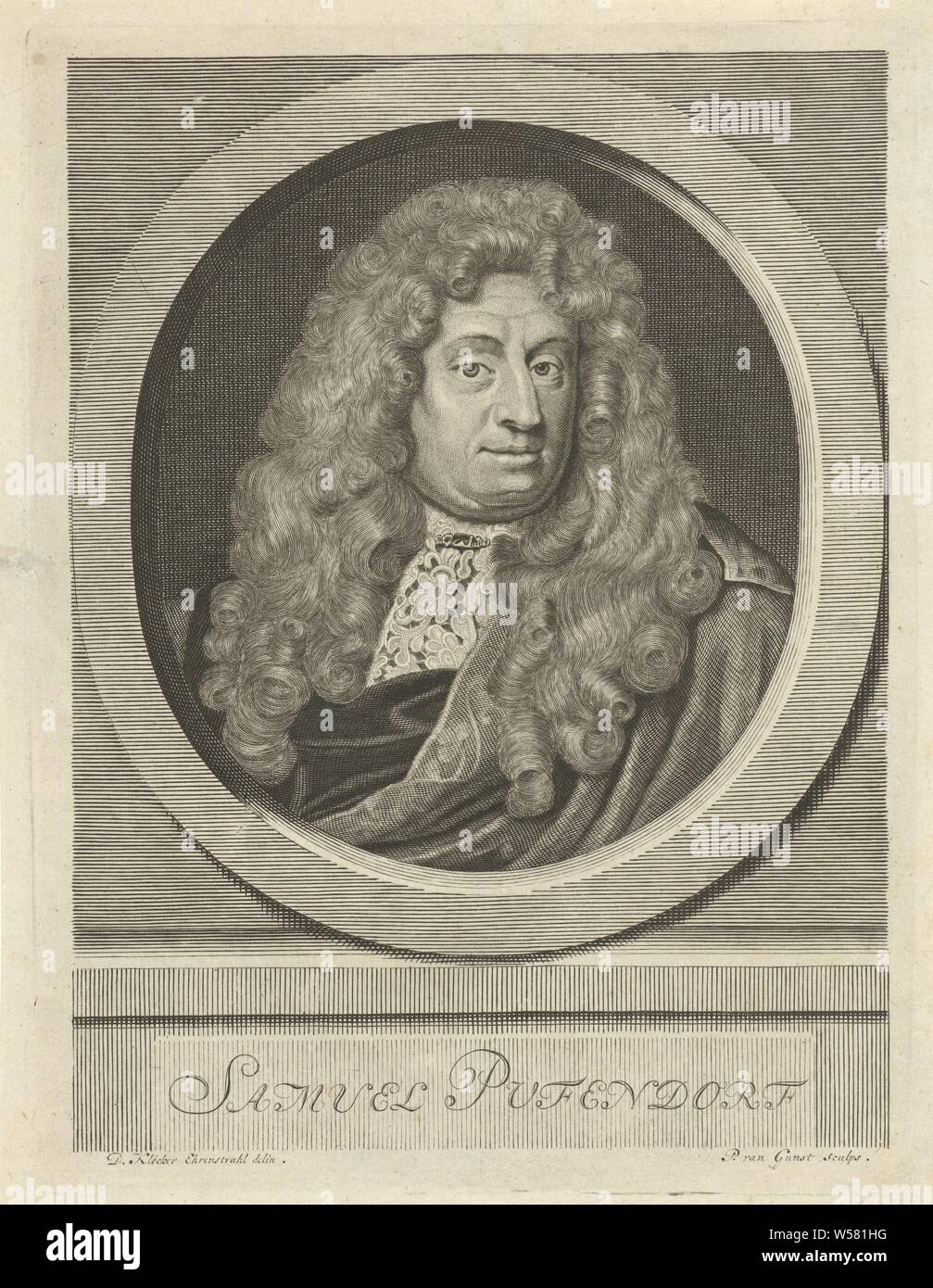 Porträt von Samuel von Pufendorf, Samuel von Pufendorf, Philosoph und Professor für Natur- und Völkerrecht an der Universität Heidelberg., Pieter van Gunst (auf Objekt erwähnt), Amsterdam, 1659 - 1731, Papier, Ätzen, H 222 mm x B 166 mm Stockfoto