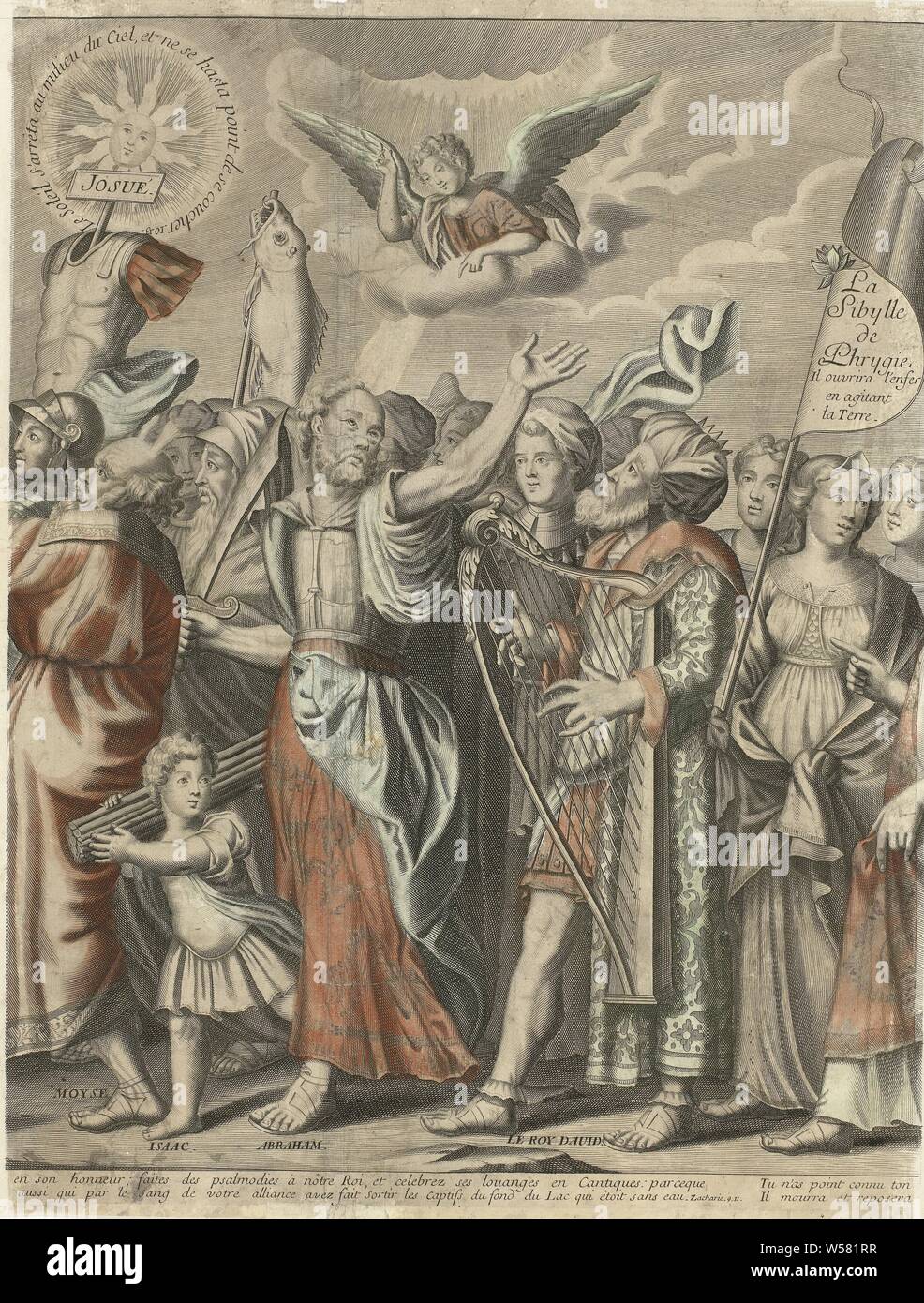 Triumphzug Christi mit Figuren aus dem Alten und Neuen Testament (zweiter Teil) Le Triomphe de Jesus Christus (Titel auf Objekt), Triumphe (allegorische und symbolische), Moses (nicht im biblischen Kontext), mögliche Attribute: Lichtstrahlen oder Hörner auf dem Kopf, Stange, Tabellen des Gesetzes, Geschichte von Isaak Abraham (nicht im biblischen Kontext), mögliche Attribut: Messer, David (nicht im biblischen Kontext), mögliche Attribute: Krone, Harfe, sibyllen, Nicolas de Larmessin (I), 1687 - 1694, Papier, Ätzen, H 685 mm x B 544 mm Stockfoto