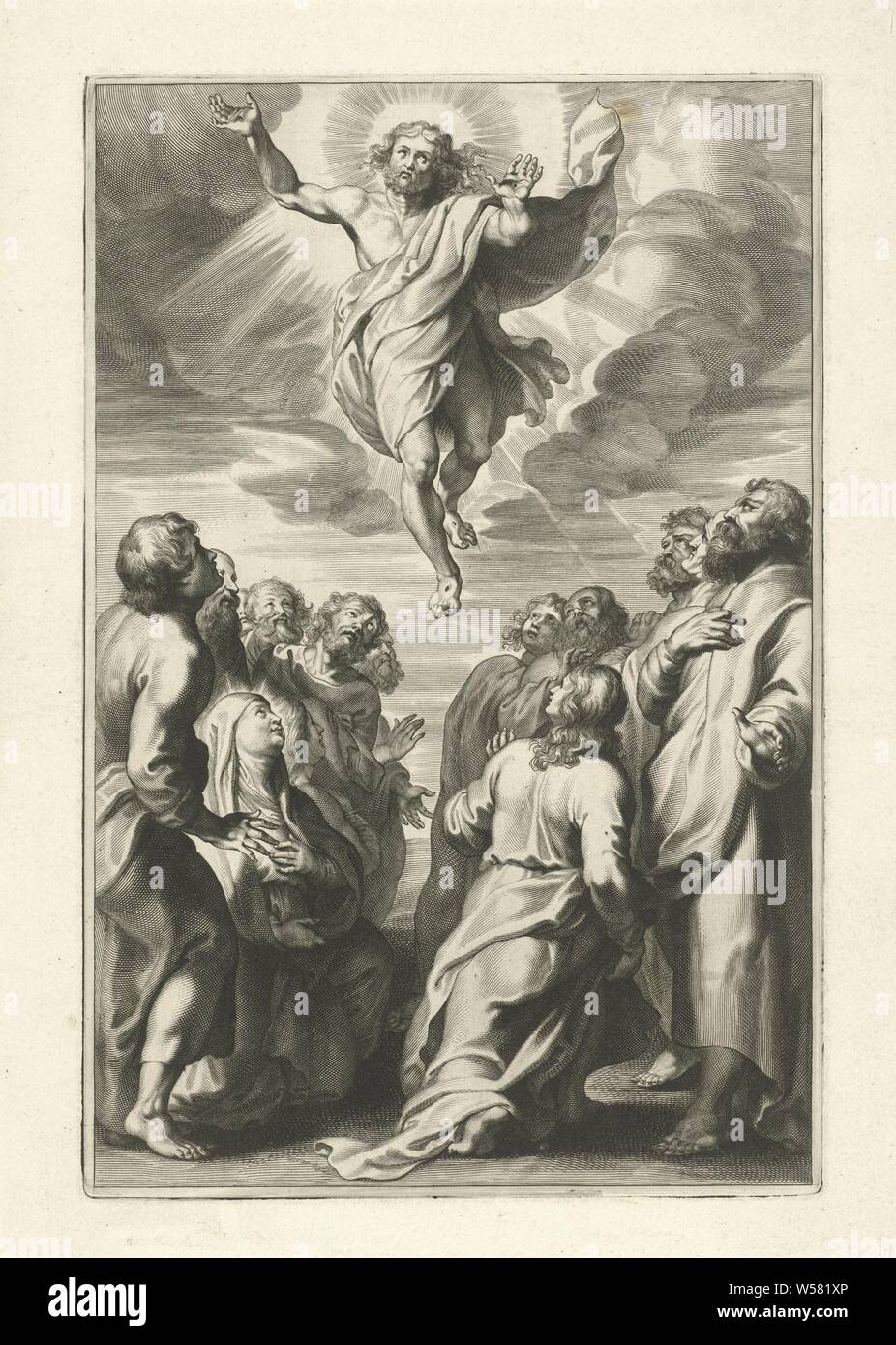 Christi Himmelfahrt wird Christus in den Himmel. Um ihn herum sind Studenten und Maria., Christi Himmelfahrt (Christus umgeben von leuchtenden Licht oder in einer Mandorla), anonym (möglicherweise), Antwerpen, 1614-1683, Papier, Gravur, H 275 mm x B 175 mm Stockfoto