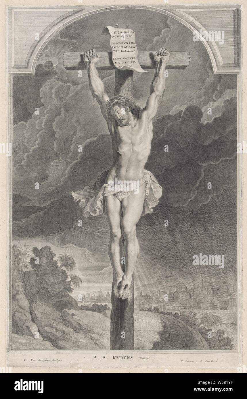 Kreuzigung Christi, Christus am Kreuz auf Golgatha (allein, ohne Umstehende), Pieter van Sompel (auf Objekt erwähnt), Antwerpen, 1616-1624, Papier, Gravur, H 585 mm x B 382 mm Stockfoto