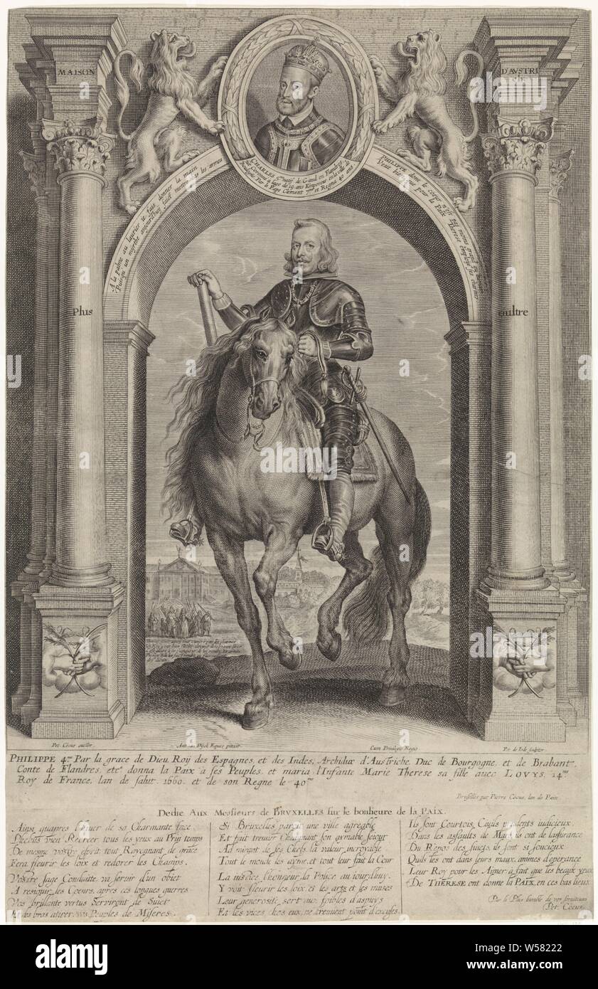 Equestrian portrait von Philipp IV., König von Spanien, unter dem Triumphbogen Maison d'Avstriche (Titel auf Objekt), die in der Rüstung. Er trägt eine Kette mit dem Orden vom Goldenen Vlies. Er hält einen Stab in der rechten Hand. Es ist unter einem Triumphbogen. Auf dem Bogen das Porträt von Charles V, in Rüstung und mit einer Kette mit dem Orden vom Goldenen Vlies. Das Portrait ist in einem Ovalen Rahmen mit einer Bildunterschrift in Lateinamerika und wird von zwei Löwen flankiert. Im Hintergrund ein Blick auf die Stadt und eine Prozession, darunter ein 5-line Beschriftung in Französisch. In der Marge eine dreizeilige caption in Lateinamerika Stockfoto