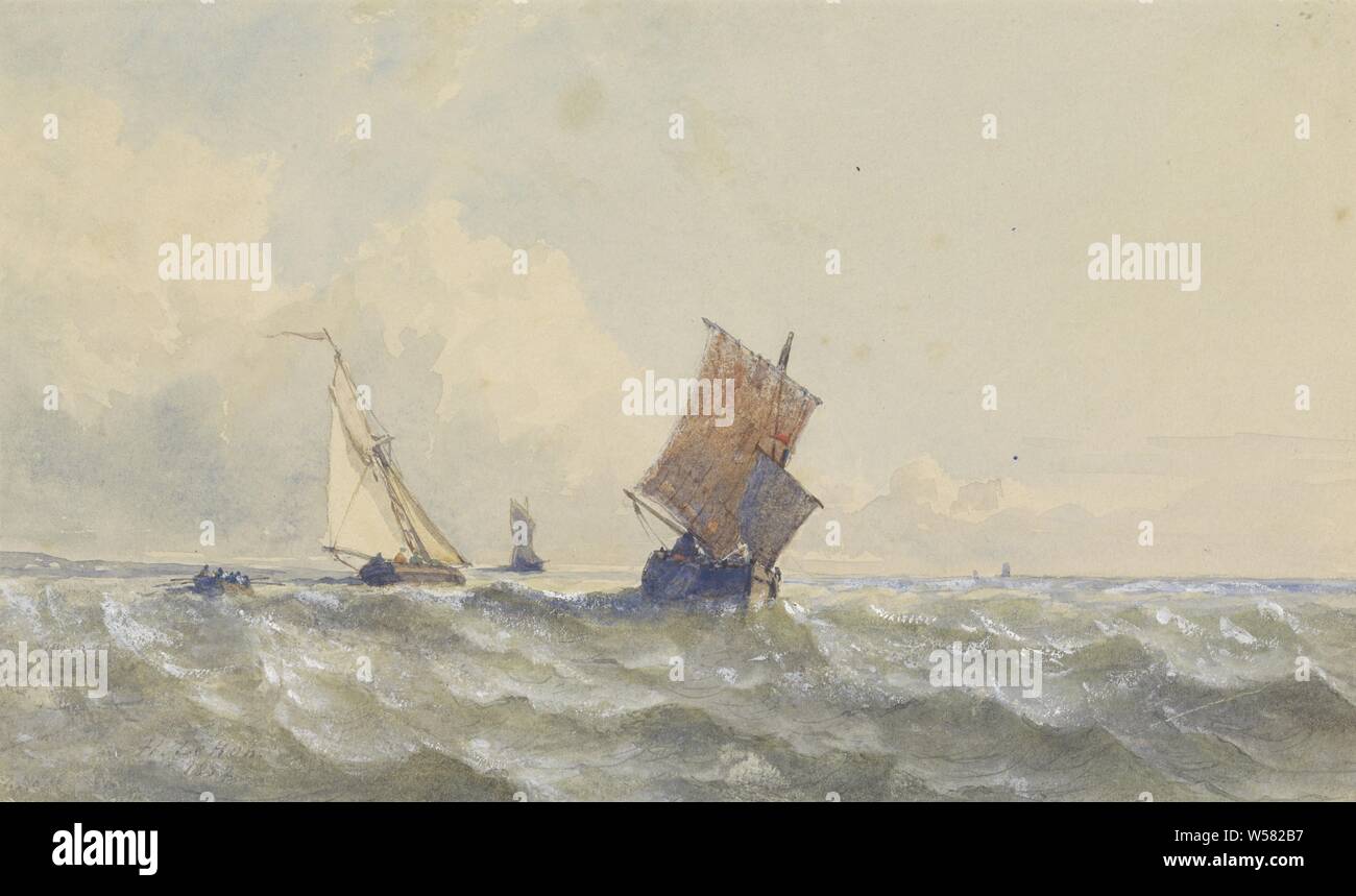 Blick auf hoher See, auf der sich drei Segelschiffe, Meer (Marine), Segeln, Schiff, Segelboot, Henri Le Hon, 1852, Papier, Aquarell (Lack), Bürste, H 163 mm x B 273 mm Stockfoto