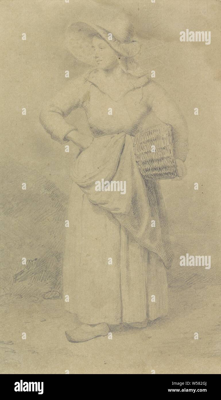 Ständigen Magd mit einem Korb unter den Arm, das Zimmermädchen, Haus Personal, Gustave Wappers, 1813-1874, Papier, Bleistift, H 210 mm x B 125 mm Stockfoto