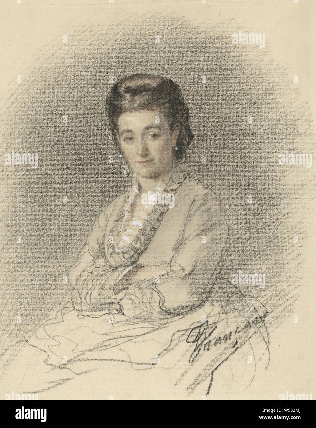 Sitzende Dame, die Arme verschränkt, François-Louis Français, 1824-1897, Papier, Kreide, Pinsel, H 328 mm x B 349 mm Stockfoto
