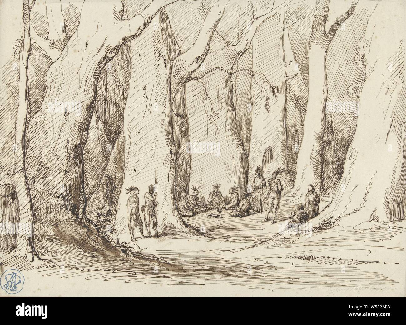 Tagung der gebürtigen Amerikaner in einem Wald, Konferenz der gebürtigen Amerikaner in einem Wald. Einige sitzen auf dem Boden in einem Halbkreis., Gustave Doré, 1842-1883, Papier, Tinte, Kugelschreiber, H 215 mm x B 296 mm Stockfoto