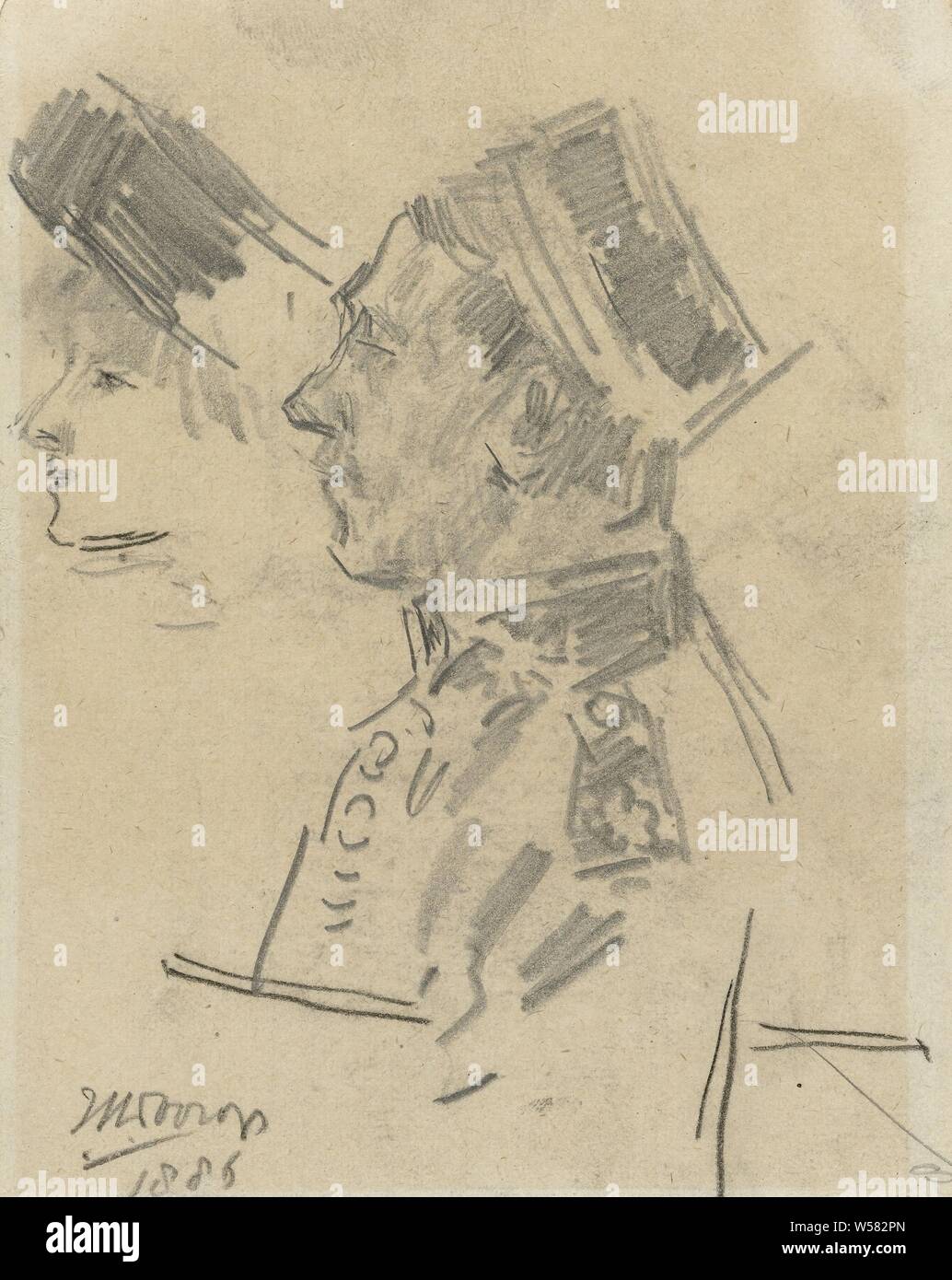 Offizier der indischen Armee und das Profil der Dame mit einem Hut, Jan Toorop, 1886, Papier, Bleistift, Kreide, H 125 mm x B 96 mm Stockfoto