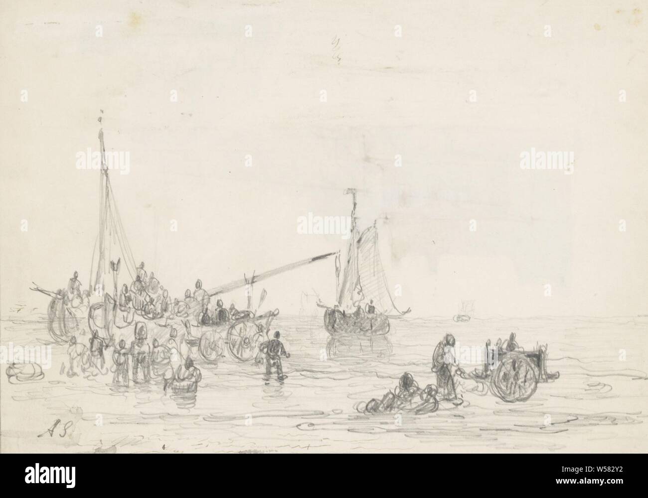 Beach Szene mit Figuren in der Nähe von einem Schiff, Andreas Schelfhout (vom Künstler signiert), 1797 - 1870, Papier, Tinte, Bleistift, Kugelschreiber, H 172 mm x B 243 mm Stockfoto