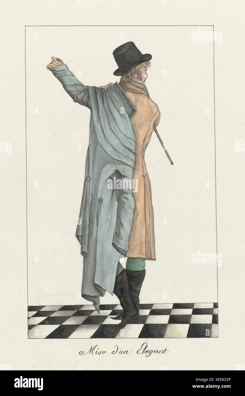 Mise d'un é Münchens eleganten (Journal des Dames et des Modes, Kostüm Parisien, 15 Janvier 1800, 8), ein Mann, der seinen Mantel mit drei Schulter Stellringe (carrick) über eine Jacke und Hose. Zubehör: Hut mit erhöhten Rand und kleinen Cockpit auf der Rückseite, kleine Spazierstock, Stiefel mit spitzen Nasen. Signatur für Drucken. 187 im Journal des Dames et des Modes, 15. Januar 1800, 8, Mode, Kleidung, Kostüme (Herren Kleidung), Fell: Mantel), Mantel (CARRICK) (Kleidung der Männer), Fell: Mantel (Anziehen, Kleidung), Mantel (Kleidung der Männer), Hals Gang: Kragen (Herren Kleidung Stockfoto