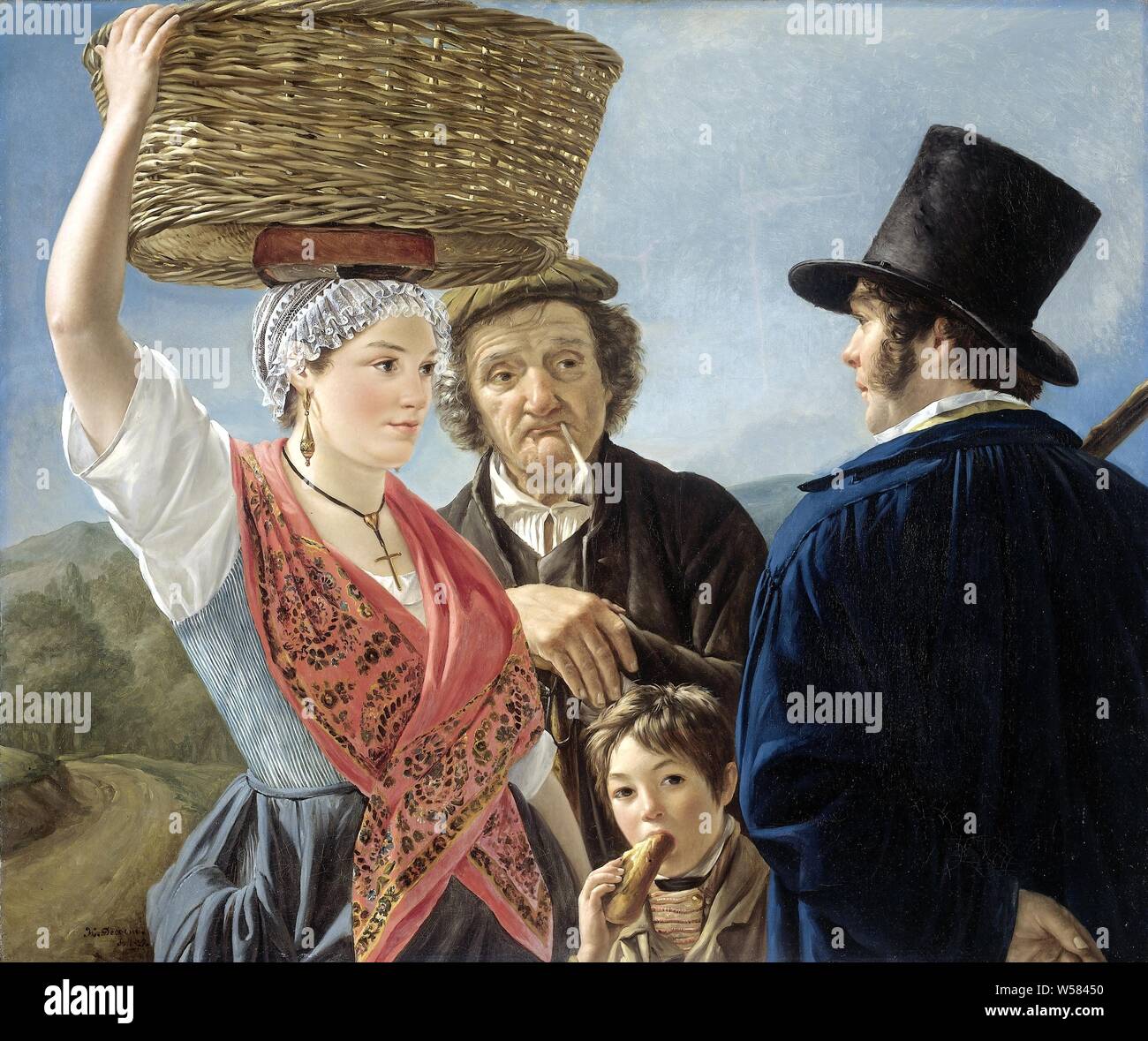 Markt Klatsch, Markt Nachrichten. Eine junge Frau mit einem Korb auf dem  Kopf mit einem jungen Mann in einem Hut. Ein alter Mann mit Pfeife hört,  auch ein Junge, der ein Stück
