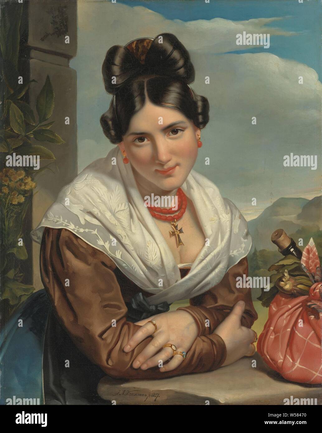 Mädchen ruht, Studie der jungen Frau, und nach vorne mit Armen auf einem Stein Geländer. Auf der rechten Seite ein Bündel mit einer Flasche Wein, in einem Tuch geknüpft., Jan Adam Kruseman, 1827, Leinwand, Ölfarbe (Lack), h 65,5 cm x W 53 cm d 9,5 cm Stockfoto