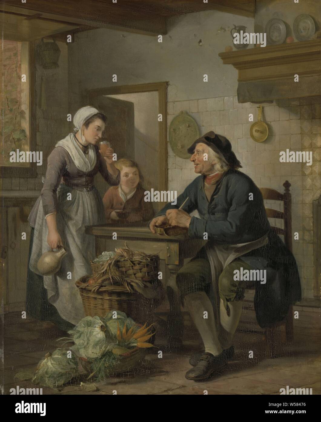 Morgen besuchen. Einrichtung einer Küche, wo ein alter Mann seine Pfeife an einem Tisch sitzt. Auf der linken Seite ist eine junge Frau, mit einem Jungen. Vor dem Tisch auf dem Boden sind Körbe mit allerlei Gemüse (Salat, Karotten), Küche, Gemüse, trinken, alte Mann, Adriaan de Lelie, 1796, Panel, Ölfarbe (Lack), h 53 cm x W 43 cm Stockfoto