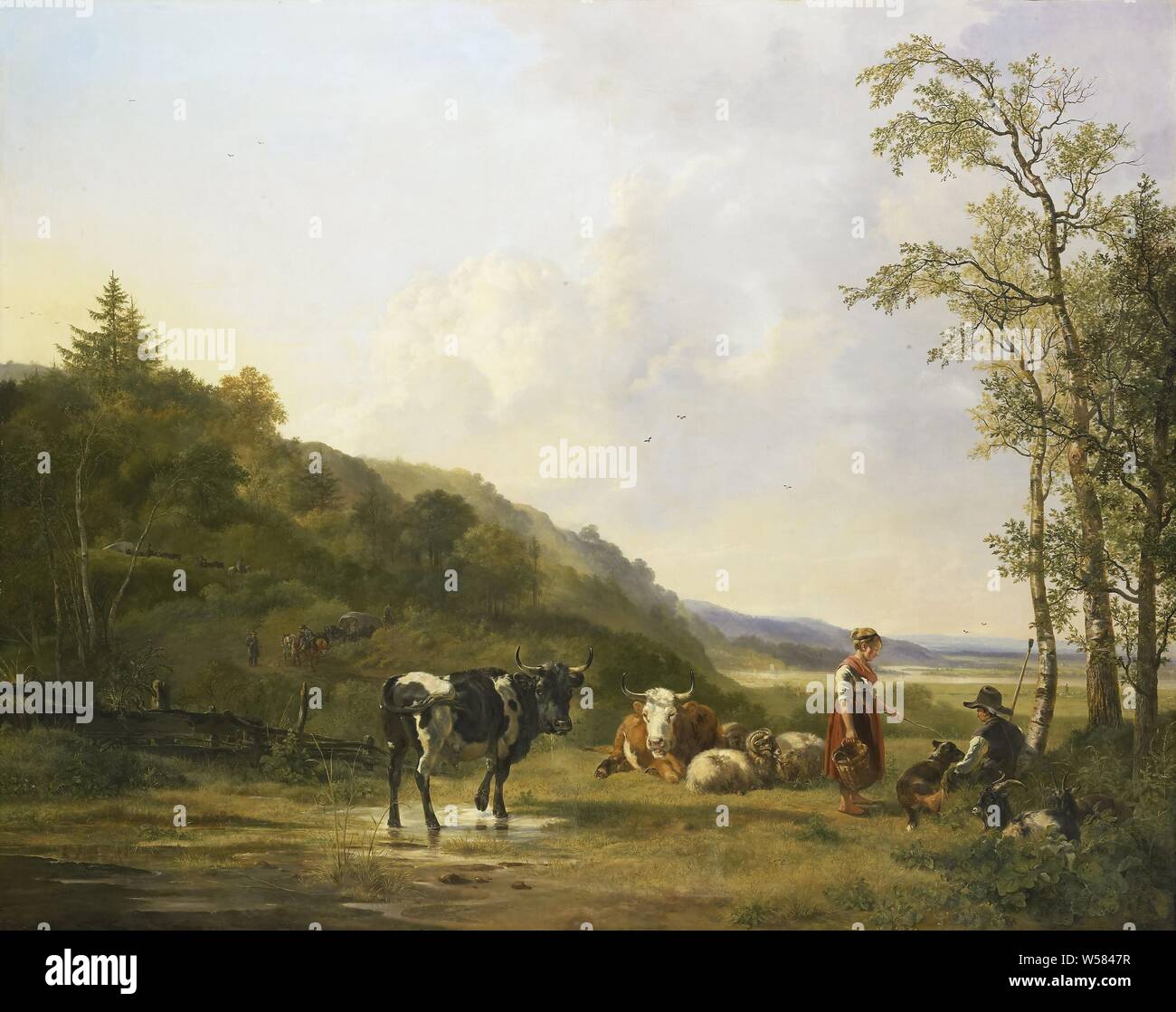 Landschaft mit Hirten und Vieh, hügelige Landschaft mit Hirten und Vieh. Auf der rechten Seite ein Schäfer und Schäferin mit einem Hund mit Kühen, Schafen und Ziegen. Auf der linken Seite, Autos kreuz einer Landstraße., Pieter Gerardus Van Os, 1820, Leinwand, Ölfarbe (Lack), h 147 cm × w 184.5 cm x T 3,9 cm, d 13,2 cm Stockfoto