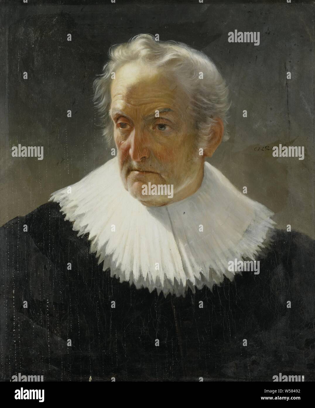 Ein alter Mann in 17. Jahrhundert Kleid, Büste eines alten Mannes im siebzehnten Jahrhundert Kostüm, Kopf leicht nach links., Christiaan Julius Lodewijk Portman, 1830-1868, Leinwand, Ölfarbe (Lack), h 61,7 cm x W 51,1 cm x T 3,2 cm, d 5,4 cm Stockfoto