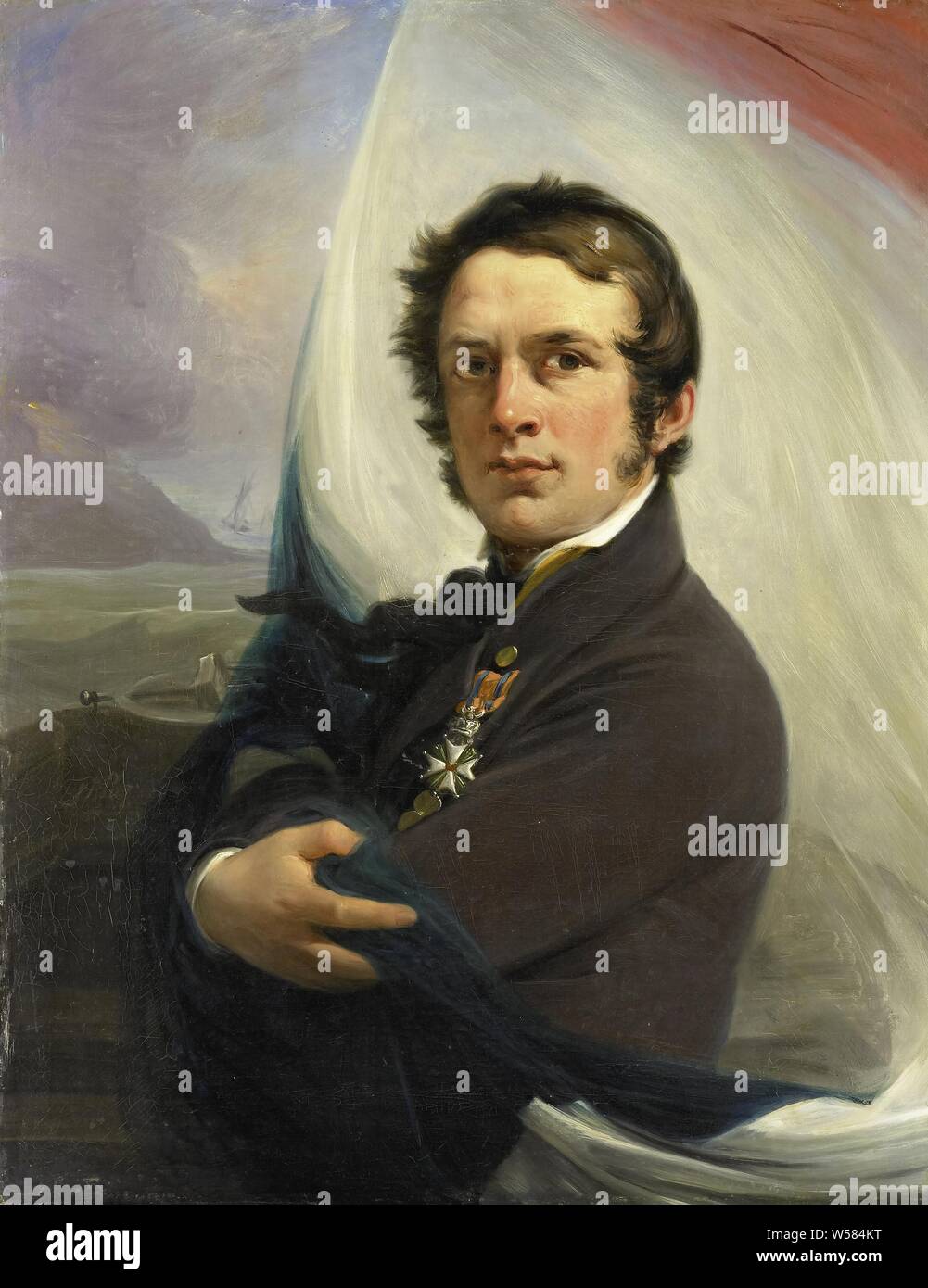 Portrait von Jakob Hobein, rettete die niederländische Flagge unter feindlichem Feuer, März 18, 1831, Porträt von Jakob Hobein (geboren 1810). Retter der niederländischen Flagge unter feindlichem Feuer, 18. März 1831. Halbe Länge, mit vor der Brust verschränkte Arme, vor der Flagge, philippinische, Willem I Frederik (König der Niederlande), Jacob Hobein, Jan Willem Pieneman (vom Künstler signiert), 1832, Leinwand, Ölfarbe (Lack), h 84 cm x W 66 cm Stockfoto