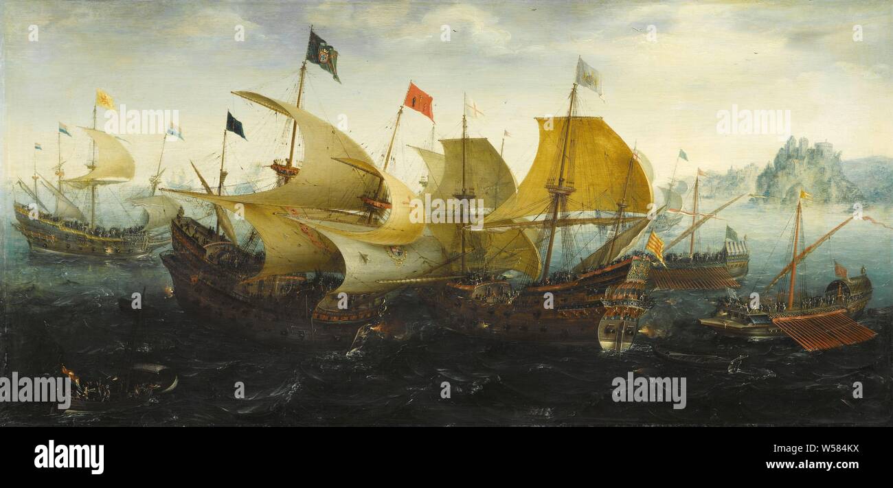 Die Schlacht von Cadiz (Niederländische und Englische Schiffe Angriff der Spanischen Armada), während der Schlacht von Cadiz, die englische und die niederländische vereinigten ihre Truppen in ihrem Kampf gegen die Spanier. Hier der Niederländischen vier-master Neptunes von Admiral Johan van Duivenvoorde wird durch die englische Ark Royal in einen Angriff auf die spanischen San Felipe unterstützt. In Wirklichkeit, Das englische Schiff nicht an der Schlacht teilnehmen. Aert Anthonisz präsentiert das Schiff, weil es ein so wichtiges Symbol war für die englische Seemacht., Aert Anthonisz., 1608, Panel, Ölfarbe (Lack), Support: h 40,3 cm x W 83,8 cm d 5 cm Stockfoto