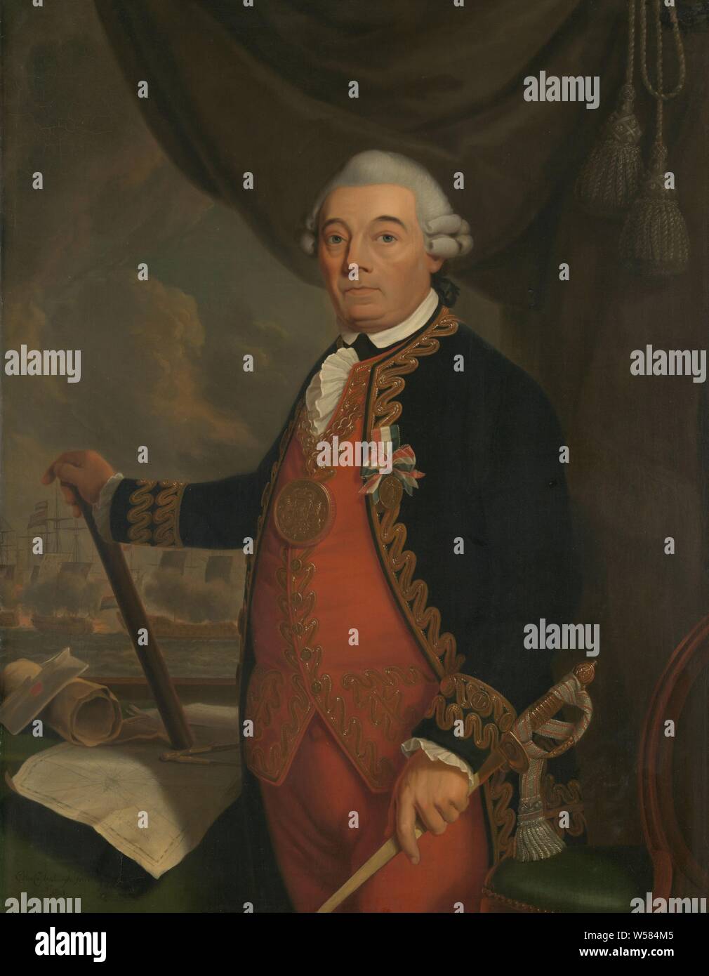 Portrait von Johan Arnold Zoutman, Johan Arnold Zoutman (1724-93), Vice Admiral, Admiral. Knie mit ein Admiral Personal (oder Fernglas) in der rechten Hand, die ehrenamtlich in der linken Hand. Die große goldene Medaille auf eine goldene Kette um den Hals. Auf der linken Seite der Tabelle sind Seekarten und einem Kompass. Im Hintergrund eine Seeschlacht, historische Personen, Leitung von allgemeinen, Schlacht (naval Force), Johan Arnold Zoutman, Cornelis van Cuylenburgh (II), 1801, Leinwand, Ölfarbe (Lack), h 113 cm x W 86 cm Stockfoto