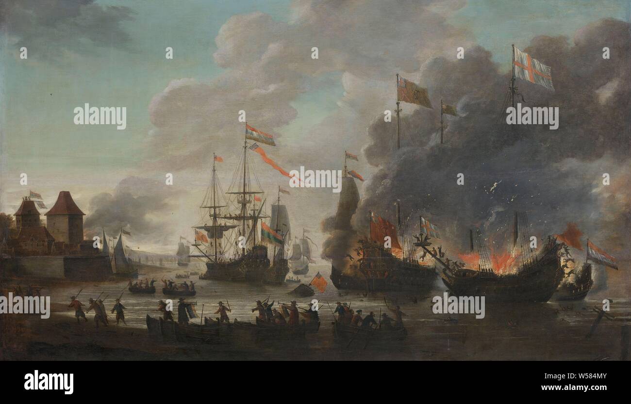 Die niederländische Brennen englischen Schiffe während der niederländischen Raid auf der Medway, 20. Juni 1667, die niederländische Brand englische Schiffe während der Reise zu Chatham, 20. Juni 1667. Auf der rechten Seite die brennende englischen Schiffe. Im Vordergrund und auf der linken Schaluppen Matrosen und Soldaten. Auf der linken Seite ist Fort Sheerness, von der Niederländischen, Raid auf dem Medway, Chatham, Jan van Leyden, 1667-1669, Panel belegt, Ölfarbe (Lack), h 93 cm × w 156,5 cm d 4 cm Stockfoto