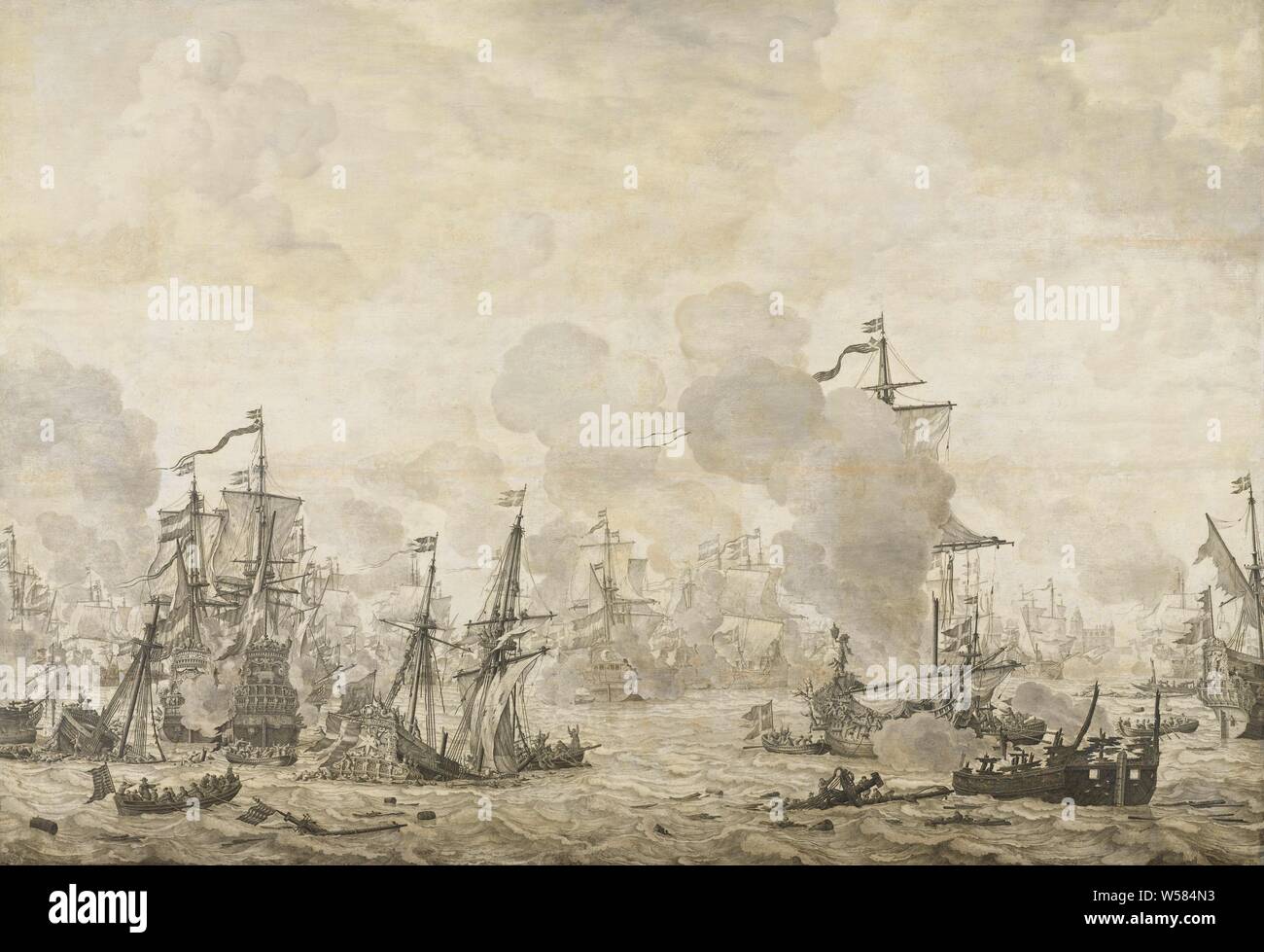 Episode aus dem Kampf zwischen der niederländischen und der schwedischen Flotte in den Klang, den 8. November 1658, Episode aus der Schlacht in der Sound zwischen der niederländischen und der schwedischen Flotte, 8. November 1658. Im Vordergrund ein sinkendes schwedische Schiff, auf der rechten ein Brenner und eine brennende schwedische Kriegsschiff, Schlacht (Segeln-Schiffe), sind, Willem van de Velde (I), 1658 - 1693, Panel, Tinte, h 97,5 cm × w 141 cm Links Stockfoto
