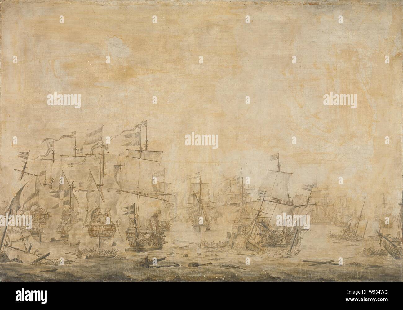 Kampf zwischen der niederländischen und der schwedischen Flotte, im Ton, 8. November 1658, Episode aus der Schlacht in der Sound zwischen der niederländischen und der schwedischen Flotten, 8. November 1658. Auf der linken Seite eine Gruppe von drei niederländischen Kriegsschiffe einschließlich der Eendracht, im Vordergrund ein sinkendes schwedische Schiff, von dem aus die Besatzung versucht, sich selbst zu retten., Willem van de Velde (I) (zugeschrieben), 1658 - 1693, Leinwand, Tinte, h 100 cm x W 142 cm d 8,5 cm Stockfoto