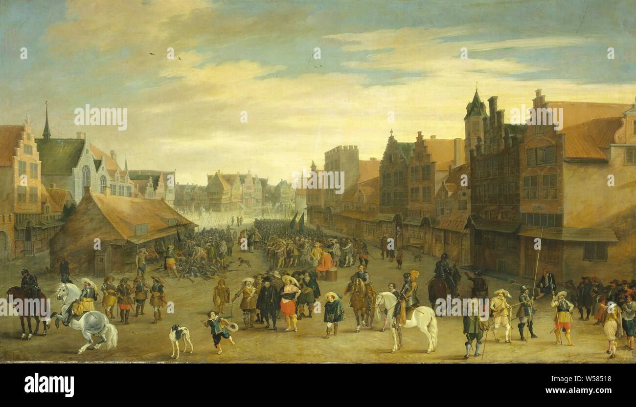 Die Auflösung des 'Waardgelders' (Söldner, die in den Zahlen der Stadt Regierung) von Prinz Maurits auf die neude, Utrecht, 31. Juli 1618, die Rückwürfe des Beobachters von Prinz Maurits auf Neude in Utrecht, 31. Juli 1618. Der Prinz ist von den Wachen und Offiziere in den Vordergrund, die linken und rechten Reiter umgeben. In der Mitte des Platzes, die Gutachter werfen ihre Waffen und Rüstungen auf einem großen Stapel, Maurits (Prinz von Oranien), Pauwels van Hillegaert, 1627, Leinwand, Ölfarbe (Lack), Support: h 98,5 cm × w 171,2 cm d 8,5 cm Stockfoto