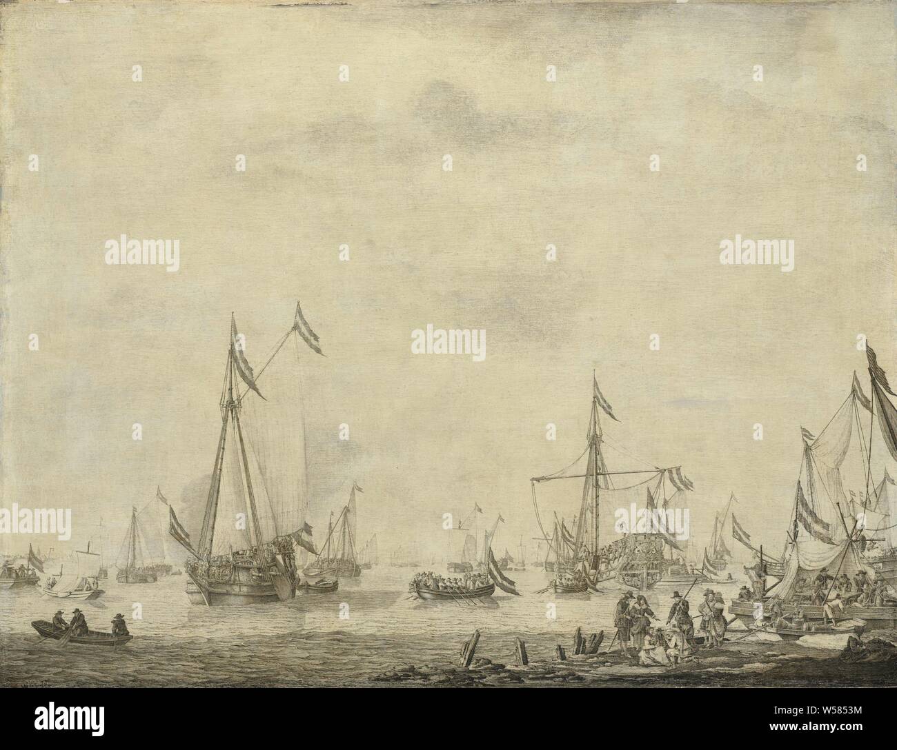Royal Yacht und Yacht Segeln von Moerdijk mit Charles II., König von England, an Bord, 1660, die Fürsten Yacht und die Yacht verlassen Moerdijk mit Charles II., König von England, 1660. Die Yachten verlassen den Hafen, wo viele andere Boote und schaluppen. Im Vordergrund einer Gruppe von Charting zahlen an Land, auf der rechten ein schwimmendes Inn, Segeln, Schiff, Segelboot (mit Namen), Willem van de Velde (I), 1660-1693, Panel, Tinte, H 61 cm x W 80 cm d: 6,5 cm Stockfoto