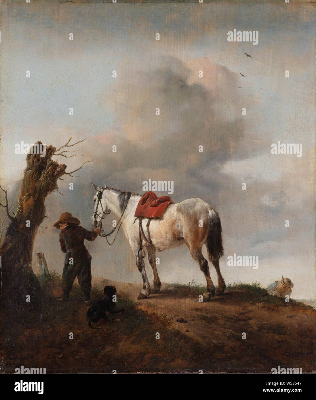 Das graue Pferd die Grauen, auf einem Hügel, ein Junge hält einen weißen Pferd durch das Zaumzeug, während die Rider hockt auf der rechten Seite, Pferd, Defäkation, Philips Wouwerman, C. 1646, paneel, Ölfarbe (Lack), h 43,5 cm x W 38 cm Stockfoto