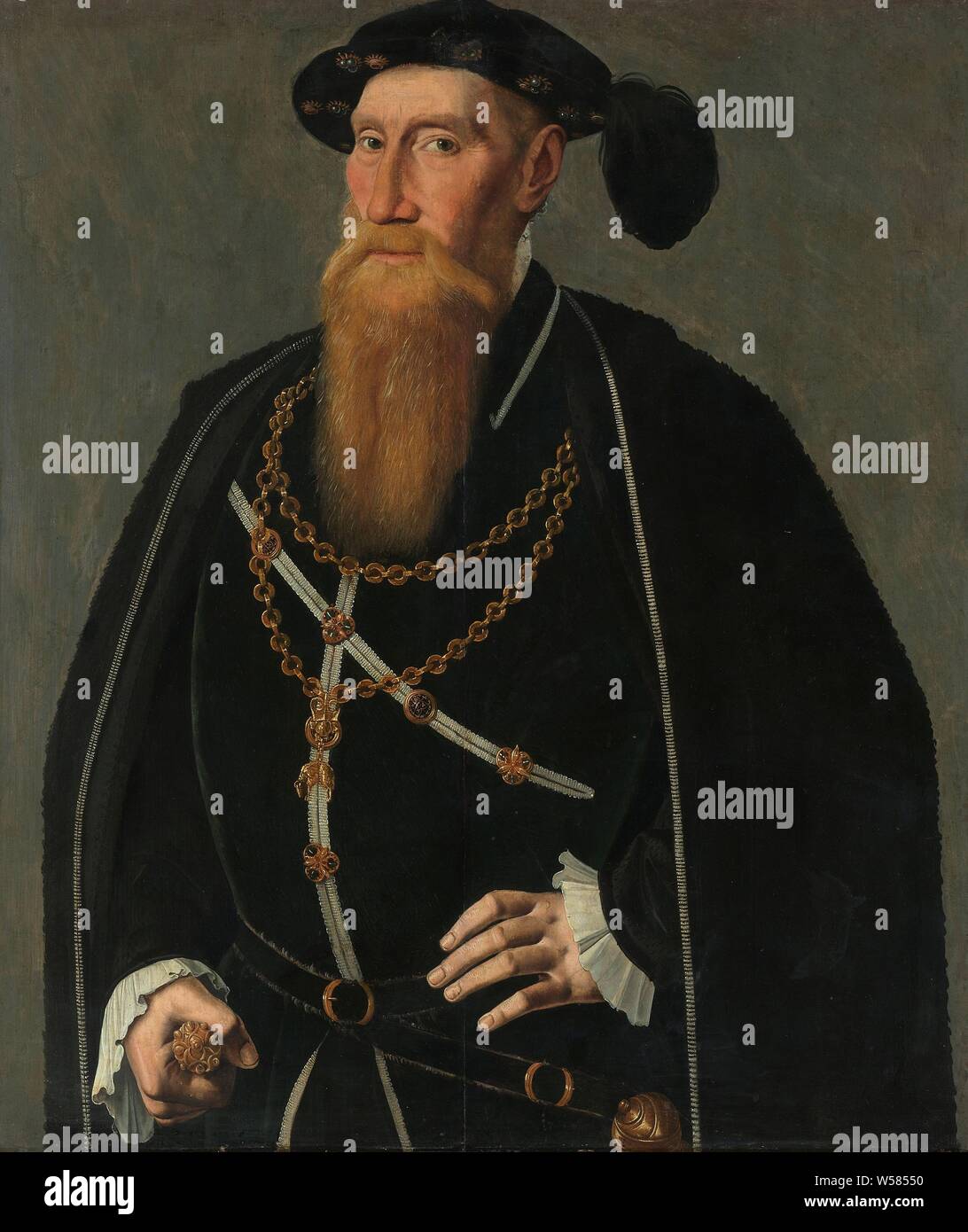 Portrait von REINOUD III oder III Upertrevoux Reinout van Upertrevoux (1493-1556), Herr von Vianen. Diakon in der Orden vom Goldenen Vlies, Ratgeber und Chamberlain zu Charles V, Portrait von Reinout III van Bréderode, Herr von Vianen. Dekan des Ordens vom Goldenen Vlies, Rat und kammerherr von Karel V. stehend, halbe Länge, Orden Orden vom Goldenen Vlies - Abzeichen der Ritterschaft um, z.b.: Abzeichen, Kette (mit Namen), historische Personen, Reinoud III van Bréderode, Karl V. von Habsburg (Deutsche Kaiser und König von Spanien), Orden vom Goldenen Vlies, Jan Van Scorel, Utrecht, c Stockfoto