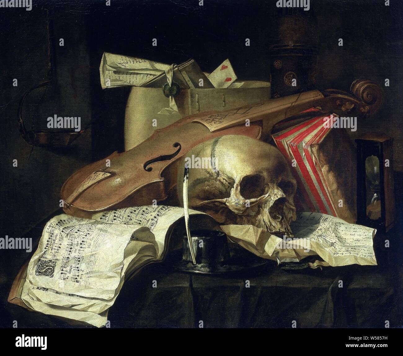 Vanitas Stillleben, Vanitas still life. In einer Tabelle sind eine Violine, ein Schädel, ein gesangbuch, eine Tinte, einem Zerknitterten Brief mit einer Dichtung, Bücher, eine Sanduhr, und einen Beutel mit Dokumenten. Ein Schwelbrand öl Lampe an der Wand., N.L. Peschier, 1660, Leinwand, Ölfarbe (Lack), h 57 cm x W 70 cm d 6 cm Stockfoto