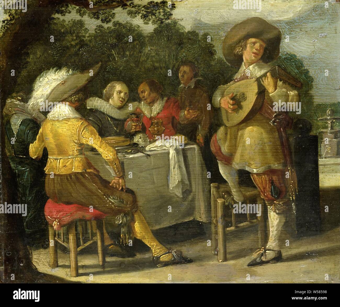 Eine Partei, eine Partei im Freien. Zwei Paare sitzen an einem Tisch in einem Garten, auf der rechten ein Mann auf einer Laute spielt, mit einem Fuß auf einem Hocker., Dirck Hals (zugeschrieben), C. 1620 - C. 1630, Panel, Ölfarbe (Lack), Support: h 17,9 cm x W 21,2 cm d 4,5 cm Stockfoto