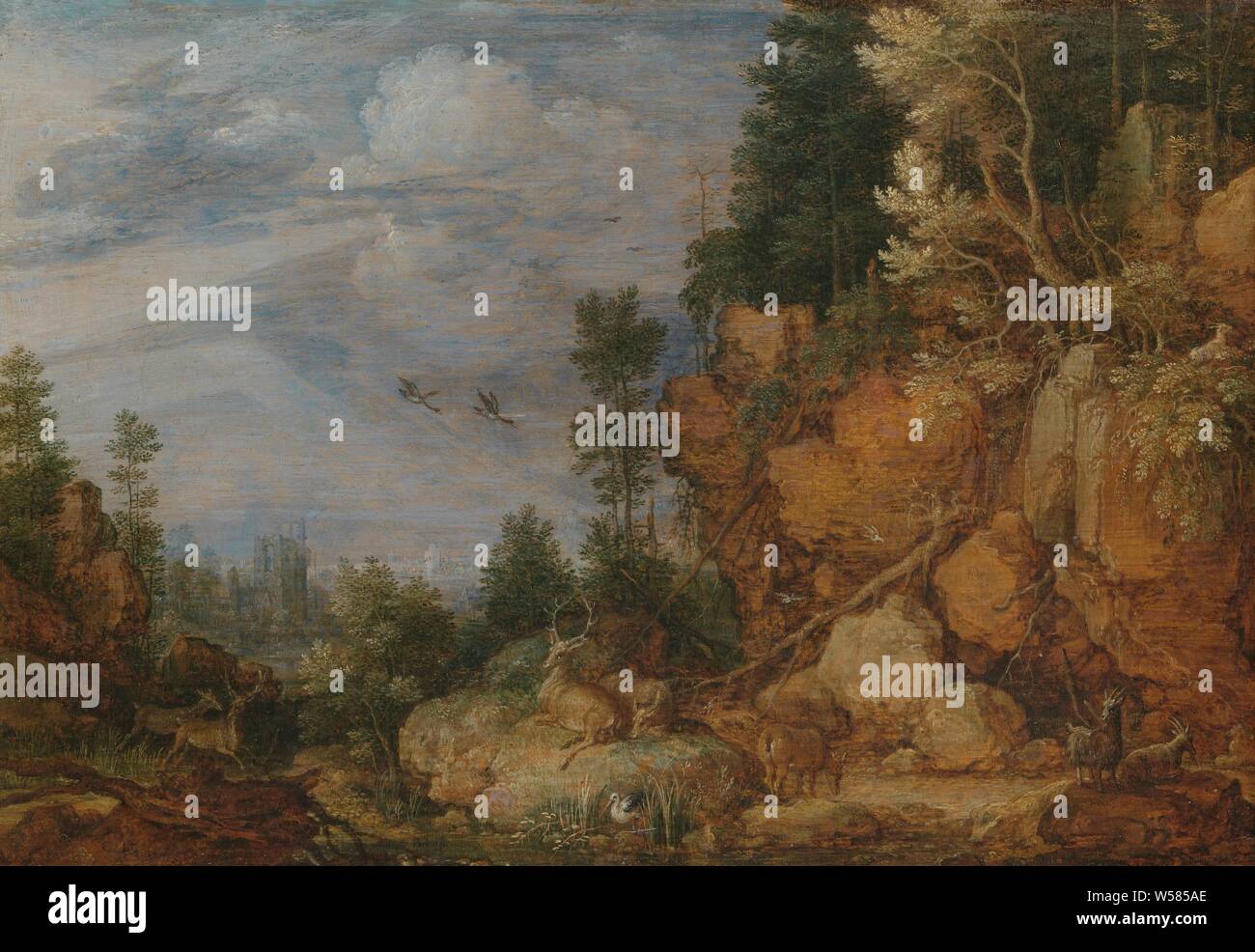 Felsige Landschaft mit Rehe und Ziegen, felsige Landschaft mit Rehe und Ziegen. Im Vordergrund ein Stream, in der Ferne eine Ruine. Zwei Gänse fliegen in den Himmel., Gillis Claesz. de Hondecoeter, 1620, Panel, Ölfarbe (Lack), Support: h 17,7 cm x W 26,5 cm h 25,5 cm x W 32,6 cm x T 2,6 cm Stockfoto