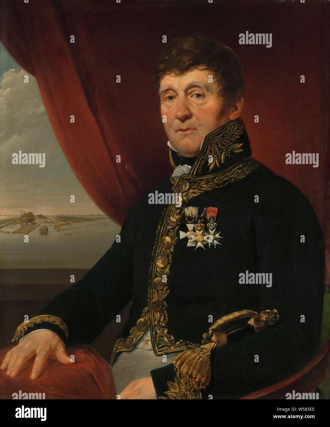 Jan Blanken Jansz, Betriebsleiter der Wasserwerke, Jan Blanken (1755-1838) ist in der Uniform der Generalinspekteur der Wasserwirtschaft und öffentliche Arbeiten gekleidet. Er trägt die Zeichen, die zu (von links nach rechts), um die Reihenfolge der Rote Adler von Preußen, der Orden des niederländischen Löwen und den Orden der Ehrenlegion. Die Willemssluizen in Amsterdam ist wahrscheinlich im Hintergrund dargestellt. Die Willemsluizen sind der Eingang zum noord-hollands Kanaal, die im Jahr 1824 abgeschlossen wurde und war einer der bekanntesten Werke von den hydraulischen Ingenieur Blanken. Die Schlösser wurden nach Namen Stockfoto