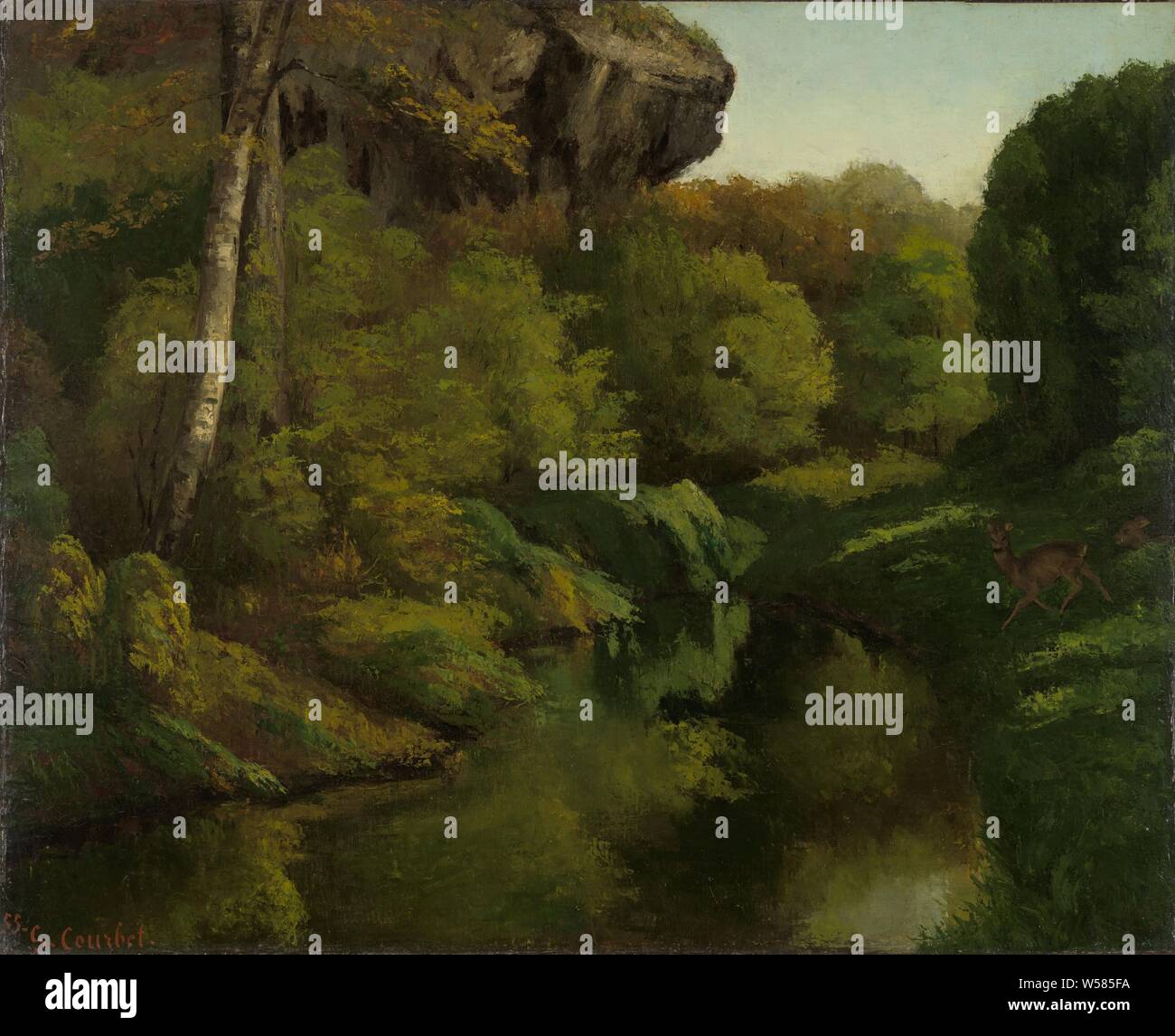 Blick in den Wald von Fontainebleau, Aussicht in den Wald von Fontainebleau. Auf der rechten Seite ein Reh, die für die Bank der Wassers., Gustave Courbet, 1855, Leinwand, Ölfarbe (Lack), h 82 cm x W102 cm d 7,5 cm Stockfoto
