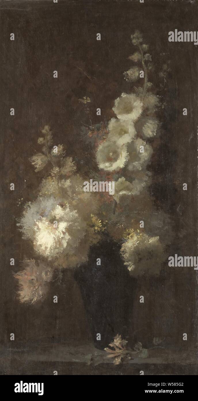 Noch immer leben weiße Blumen, Stillleben mit Blumen. Blumenstrauß mit Stockrosen in einem Topf auf dem Tisch zu stehen., Auguste Jouve, 1870-1877, Leinwand, Ölfarbe (Lack), h 116 cm x W 64 cm d 4,5 cm Stockfoto