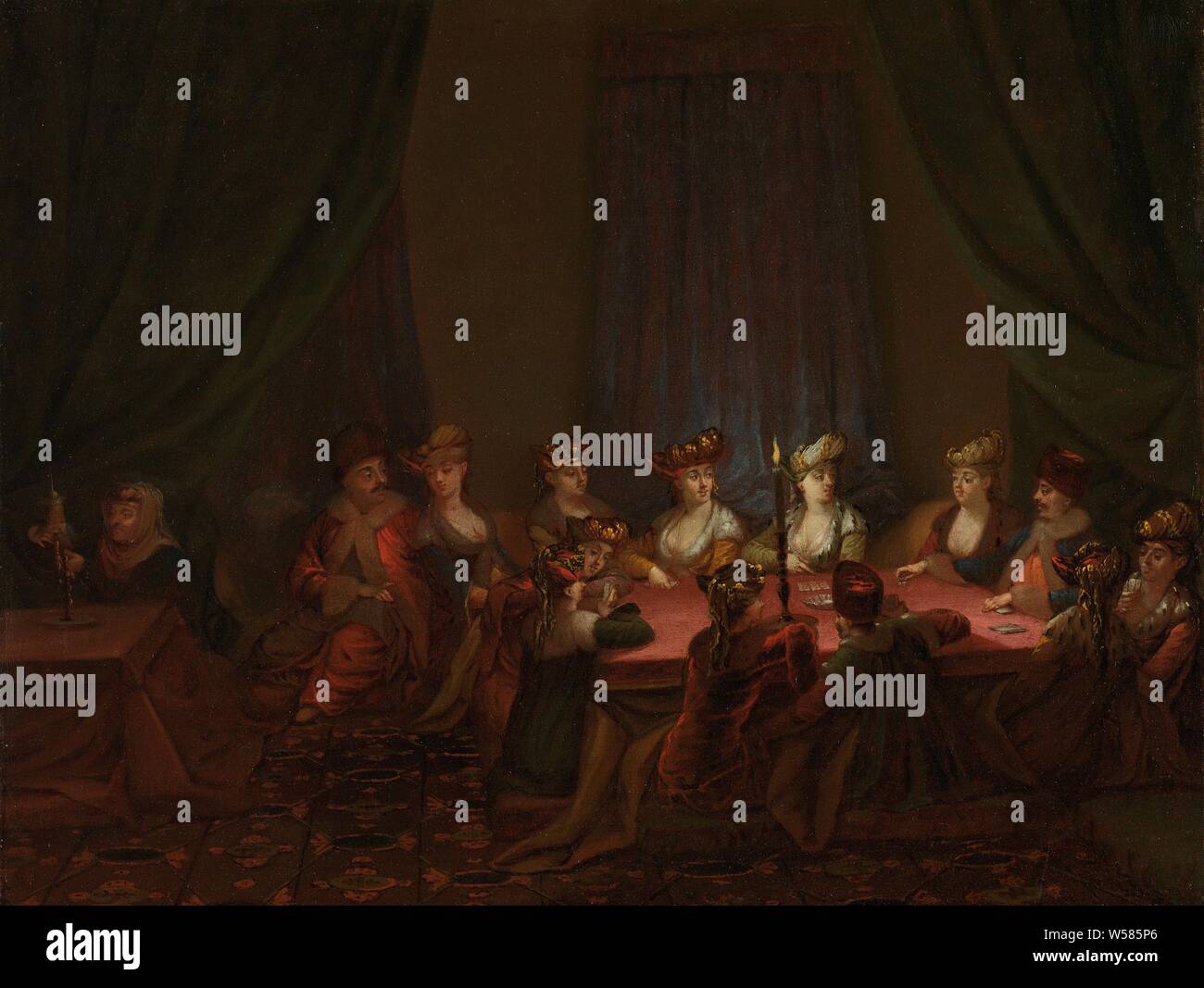 Partei der Armenier Spielkarten armenischen Gesellschaft im Spiel, eine Gruppe von Frauen und Männern spielen Karten, die vom Licht einer grossen Kerze. Die Kleidung der Männer zeigt, dass Sie sind Armenier. In der linken Ecke ist eine alte Frau, Spinning, Karten spielen, die Türkei, Jean Baptiste Vanmour, C. 1720 - C. 1737, Leinwand, Ölfarbe (Lack), h 44,5 cm x W 58,5 cm Stockfoto