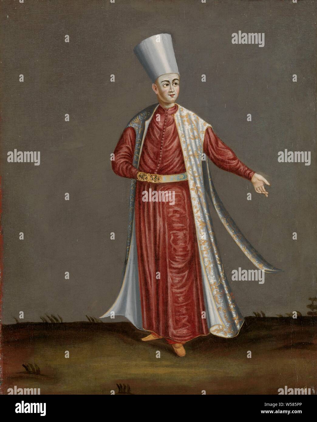 Der Kapaun Aghassi, Leiter der Weißen Eunuchen der Sultan, der Capou Aghassi, Leiter der Weißen Eunuchen und Intendant der Bediensteten der Haushalt des Sultans. Stehen, in voller Länge Porträt, mit dem linken Arm ausgefahren, königlichen Haushalt, Höflinge, Gefolge, Zug, historischen Personen nicht namentlich bekannt, Türkei, Jean Baptiste Vanmour (Werkstatt), Istanbul, 1700 - 1737, Leinwand, Ölfarbe (Lack), h 39,5 cm x W 31,5 cm Stockfoto