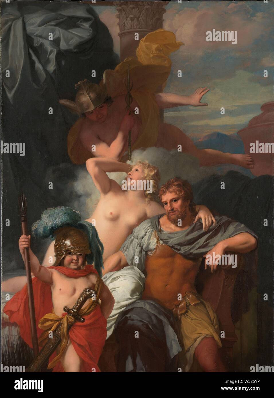 Mercury bestellen Calypso zu lösen, Odysseus, Quecksilber Bestellungen Calypso Odysseus verlassen zu haben. Im Vordergrund eine Amor posiert mit dem Helm und Waffen von Odysseus., Gerard de Lairesse, C. 1680, Leinwand, Ölfarbe (Lack), h 132 cm x W 96 cm Stockfoto