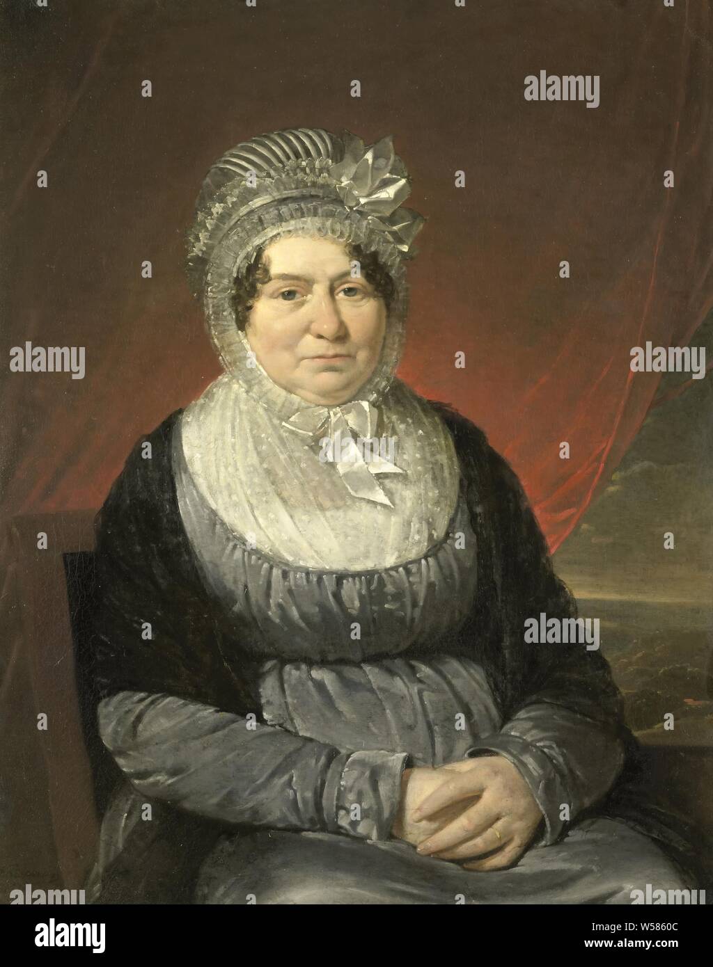 Frau Brak-Haskenhoff, Porträt von Frau Brak-Haskenhoff. Halbe Länge, Sitzen mit den Händen im Schoß gefaltet, historische Personen - BB-Frau, Frau Brak-Haskenhoff, Cornelis Kruseman (vom Künstler signiert), 1818, Leinwand, Ölfarbe (Lack), h 77,4 cm x W 61,8 cm × t 3.0, d 10.0 Stockfoto