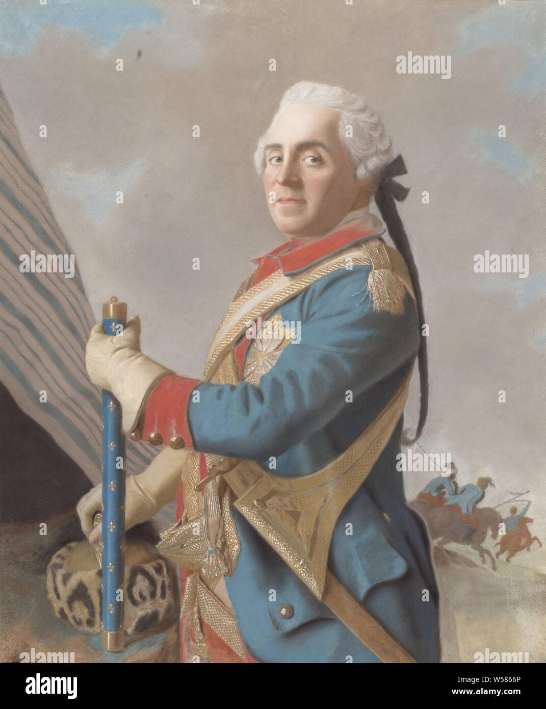 Porträt Moritz, Graf von Sachsen, Graf von Sachsen (1696-1750), Marschall von Frankreich. Halbe Länge, stehend auf der linken Seite, mit Blick auf den Betrachter. In der linken Hand einen Befehl, der mit der rechten Hand auf ein Fell hat. Im Hintergrund links ein Banner oder die Leinwand von einem Zelt, auf der rechten Seite einige Reiter. Teil der Sammlung in Pastelltönen., Moritz Graf von Sachsen, Jean-Etienne Liotard, 1748, Pergament (tierisches Material), h 62 cm x W 51 cm w 6,9 kg h 73,6 cm x W 62,4 cm x T 4,6 cm Stockfoto