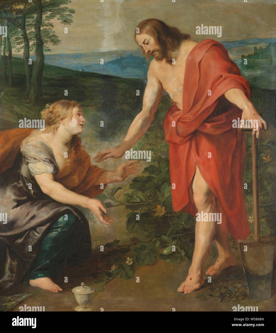Noli me tangere, Christus erscheint Maria Magdalena, "Noli me tangere": die Begegnung mit Christus und Maria Magdalena. Maria Magdalena, die mit einer Salbe jar, kniet vor Christus in der Form eines Gärtners. Hinter Christus eine Gurke Pflanze, Maria Magdalena kniend vor Christus, der ist in der Regel als Gärtner mit einem Wie und/oder ein Spaten, "Noli me tangere" vertreten, Peter Paul Rubens (Werkstatt), 1610 - 1690, Leinwand, Ölfarbe (Lack), h 200 cm × w 177,5 cm Stockfoto