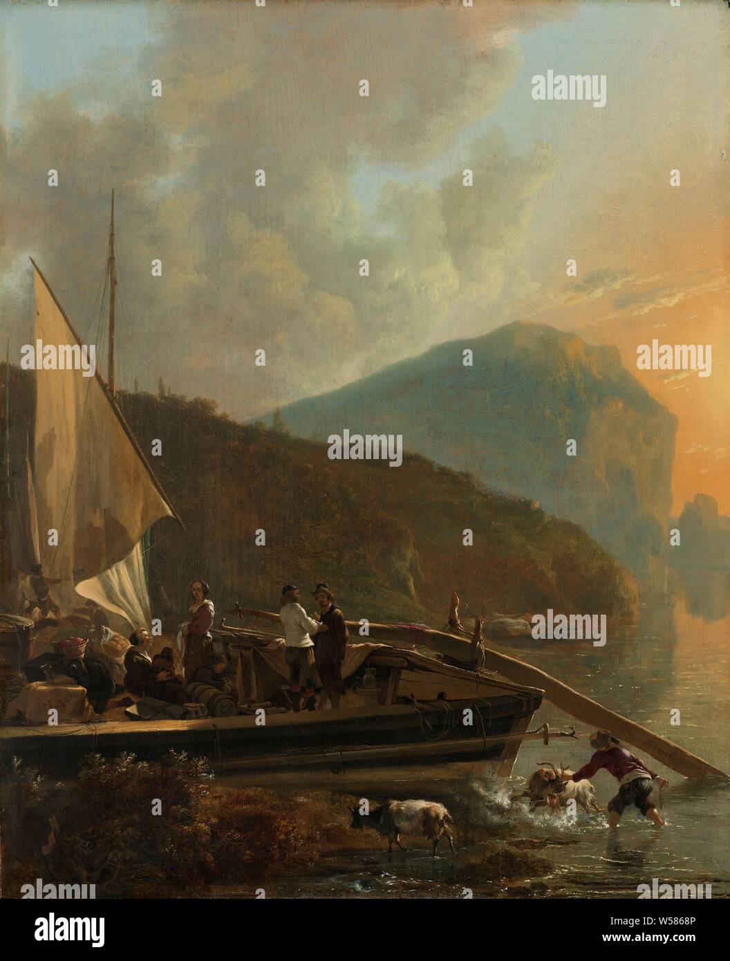 Italienisch anmutende Flusslandschaft ein Boot am Ufer eines Flusses, Italienisch Fluss Landschaft, in der ein Schiff am Ufer eines Flusses mit Fracht und Passagiere geladen für die Abreise vorbereitet ist. Im Vordergrund ein Schäferhund hat eine Ziege im Wasser bei den Hörnern verfangen, Segeln, Schiff, Segeln - Boot (Abfahrt, Wiegen anchor), Passagiere, Schiff, Fluss, Adam Pijnacker (auf Objekt erwähnt), C. 1650 - C. 1655, Panel, Ölfarbe (Lack), h 42 cm x W 34 cm Stockfoto