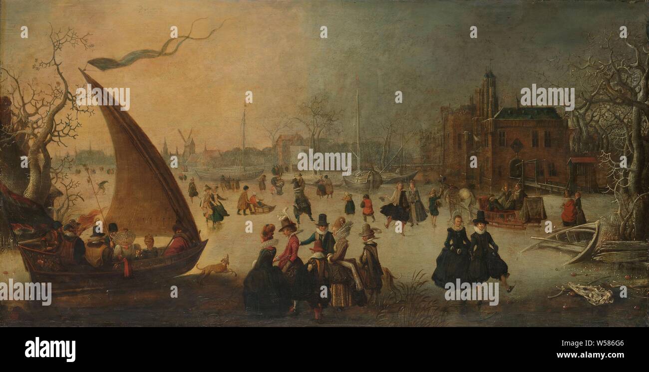 Landschaft mit gefrorenen Kanal, Skater und eine Ice-Boat, Winter Unterhaltung. Eis Unterhaltung auf einem gefrorenen Fluss, auf der rechten ein Schloss, in der Ferne eine Stadt Profil. Auf dem Eis ein Segeln ice Lastkahn, Skater und einen Schlitten., Adam van Breen, 1611, Panel, Ölfarbe (Lack), Support: h 47,5 cm x W 91 cm d: 6,5 cm Stockfoto