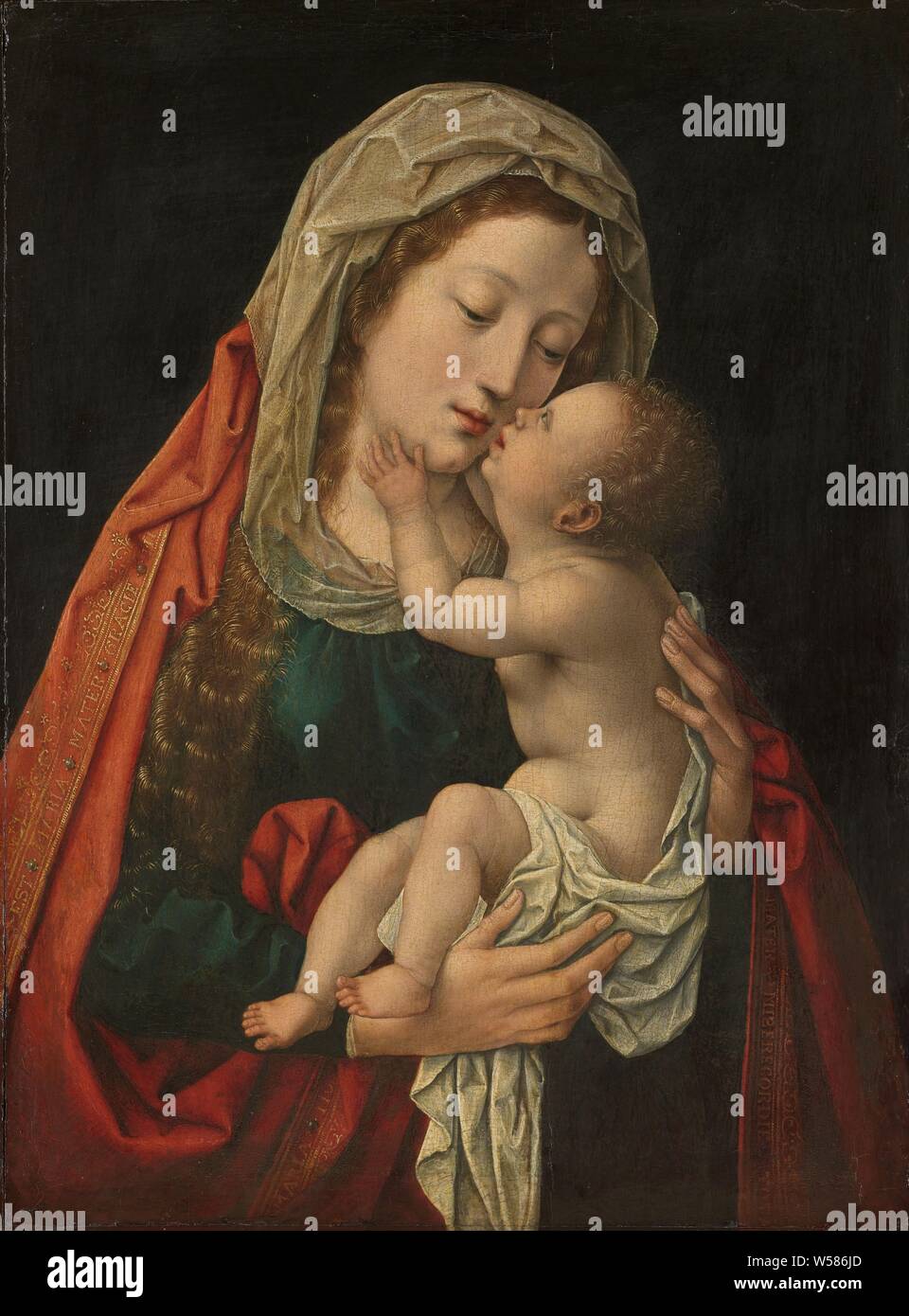 Die Jungfrau und Kind, Maria mit Kind. Maria, die in der Mitte, mit dem Jesuskind in ihren Armen sich anheben, um seine Mutter zu küssen., Bernard van Orley (Werkstatt), C. 1520 - C. 1530, Panel, Ölfarbe (Lack), Support: H 37 cm x W 27,8 cm Stockfoto Die Jungfrau und Kind, Maria mit Kind. Maria, die in der Mitte, mit dem Jesuskind in ihren Armen sich anheben, um seine Mutter zu küssen., Bernard van Orley (Werkstatt), C. 1520 - C. 1530, Panel, Ölfarbe (Lack), Support: H 37 cm x W 27,8 cm Stockfoto