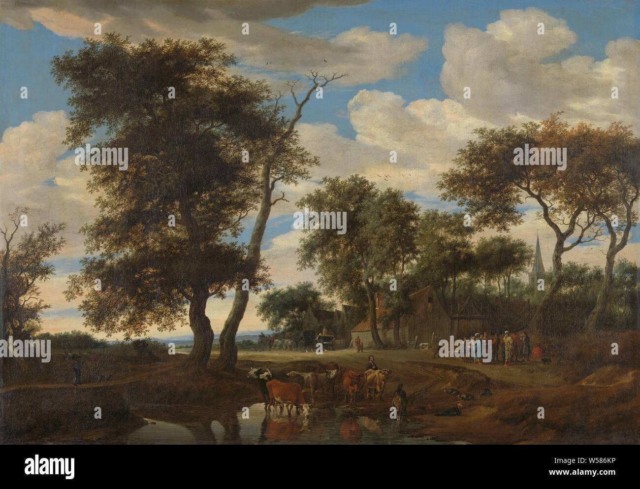 Blick auf ein Dorf, mit Blick auf das Dorf. Am Rande eines Dorfes, ein paar Autos noch am Inn stehen, ein wenig weiter gibt es eine Gruppe von Menschen an der Seite der Straße. Im Vordergrund ein Herde von Kühen durch eine Pfütze unter Bäumen., Salomon van Ruysdael, 1663, Leinwand, Ölfarbe (Lack), h 105 cm × w 150,5 cm d 9,5 cm Stockfoto