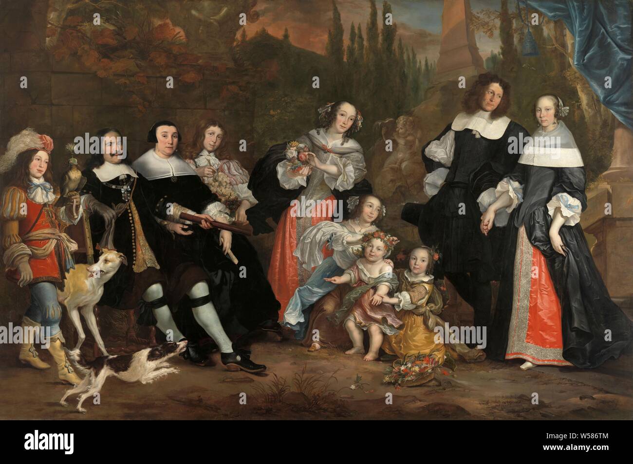 Michiel De Ruyter und seine Familie, Gruppe Portrait von Michiel De Ruyter und seiner Familie. Auf der linken Seite ist die Michiel De Ruyter Adriaensz, Vice Admiral der Niederlande zu der Zeit dieses Portrait, seine dritte Frau Anna van Gelder (1614-87) und ihr Sohn aus früherer Ehe, Jan Pauwelsz van Gelder (1647-73). Die drei Kinder von der zweiten De Ruyter's Ehe vertreten sind, stehen auf der rechten Seite: Cornelia (1673-1720) mit ihrem Mann Jan de Witte (verstorben im Jahre 1683), in der Mitte Alida (1642-79) und an der linken Engel (1649-83) mit einem Falken. Die beiden kleinen Töchter des Paares, auf der linken Margaret Stockfoto