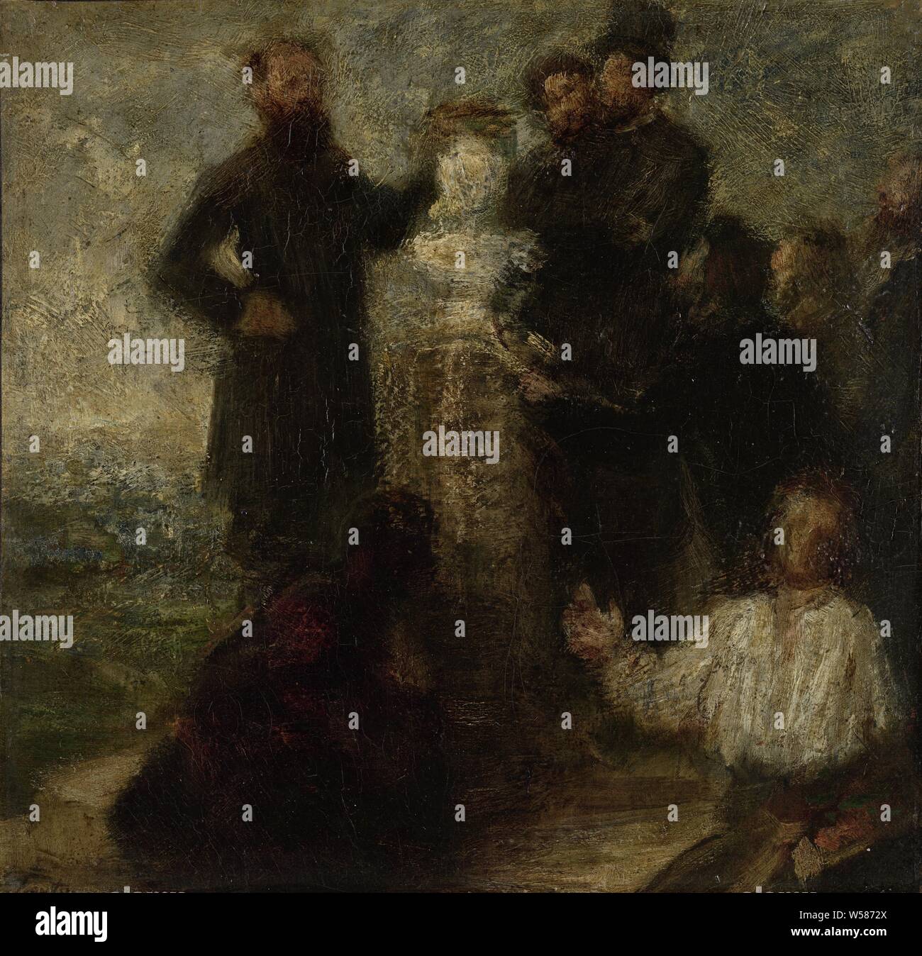 Esquisse pour l'Hommage à Delacroix, Hommage à Delacroix. Skizze einer Gruppe von Figuren um eine Büste auf einem Podest versammelt., Henri Fantin-Latour, 1863 - 1864, Leinwand, Ölfarbe (Lack), h 28,3 cm x W 29 cm x T 2,8 cm, d 8,7 cm Stockfoto