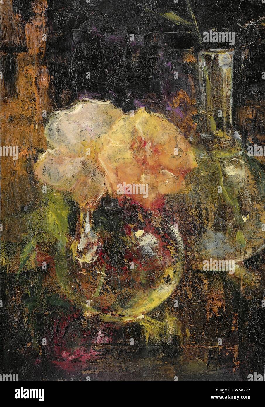 Gelbe Rosen in eine Karaffe, ein Strauß gelber Rosen in eine Karaffe, hinter einer Flasche., menso Kamerlingh Onnes, 1896, Leinwand, Ölfarbe (Lack), h 46,6 cm x W 34,3 cm x T 3,3 cm d, 11 cm Stockfoto